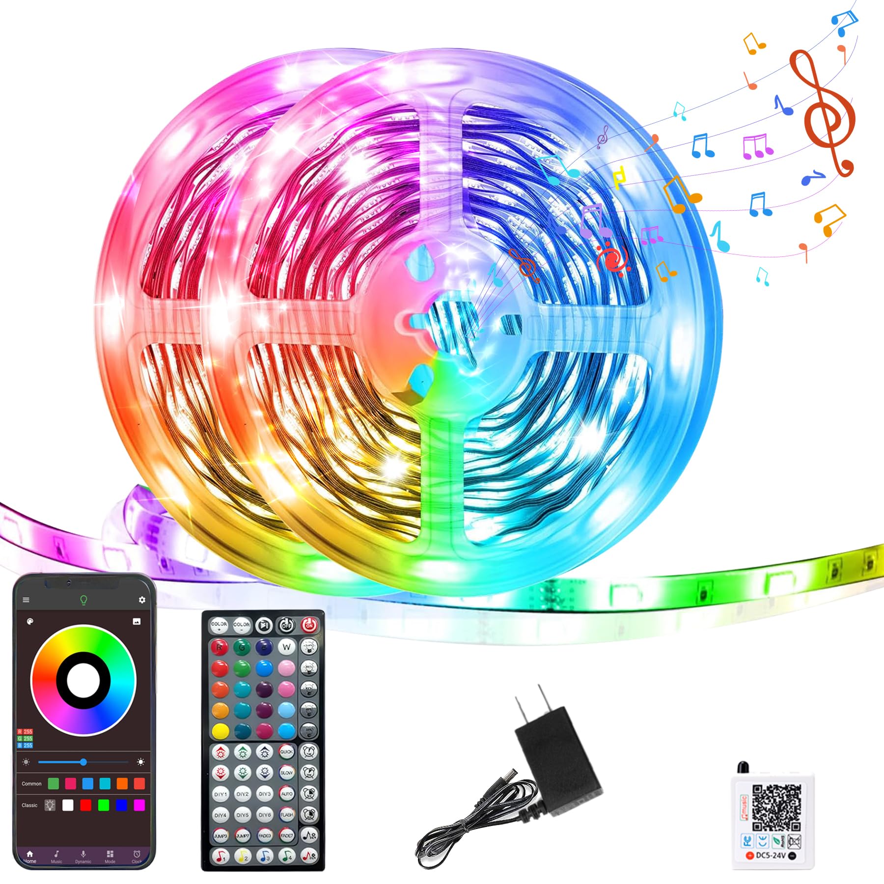 GANZQH LED Strip Lights, 200FT RGB Color Changing, Music Sync, Remote & App Control, Plastic, White, Model GAN-rgb007-4