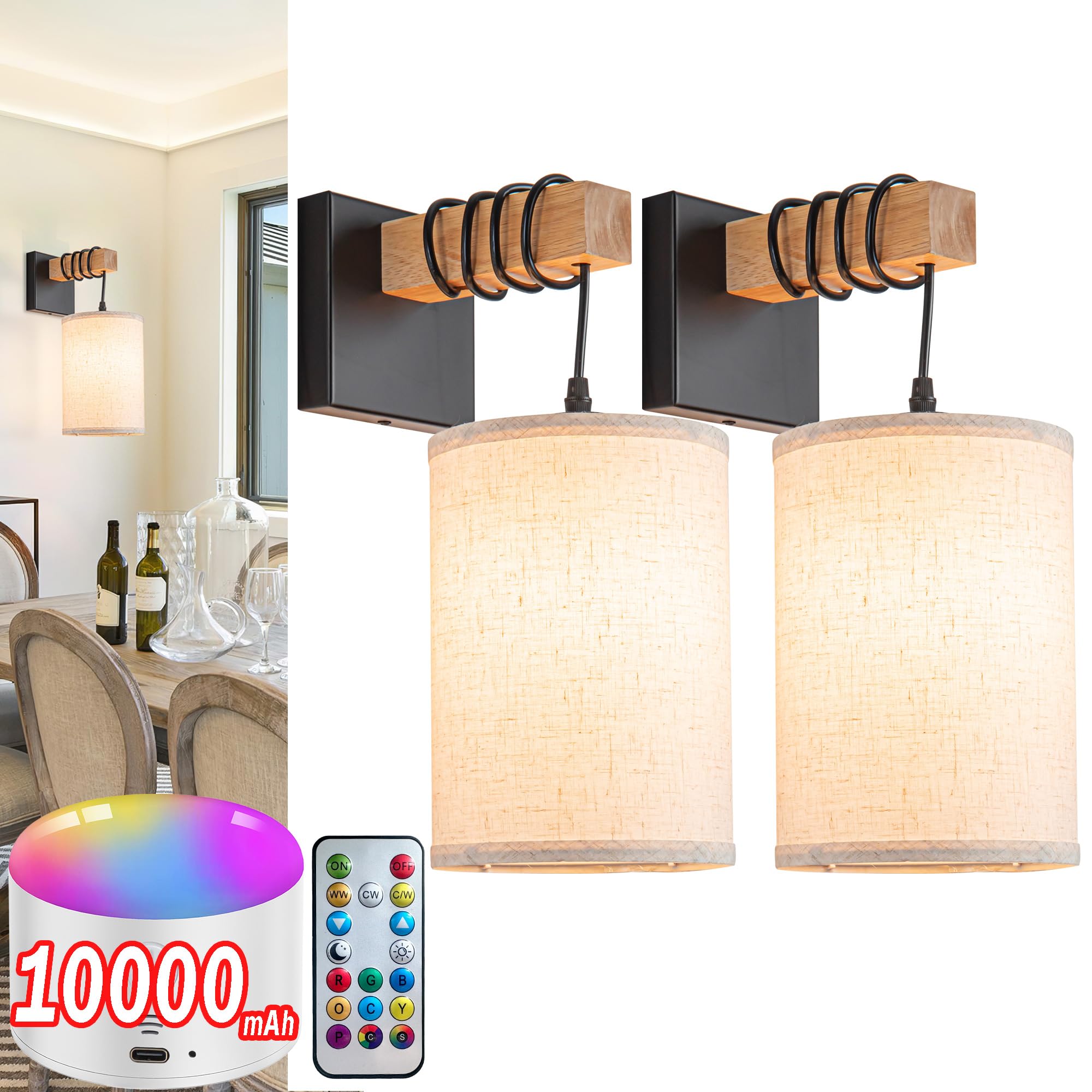 YHCDLAMP Battery Operated Wall Sconce Set of Two, Wireless Wall Light with Rechargeable RGB Bulb and Remote Control, Indoor Not