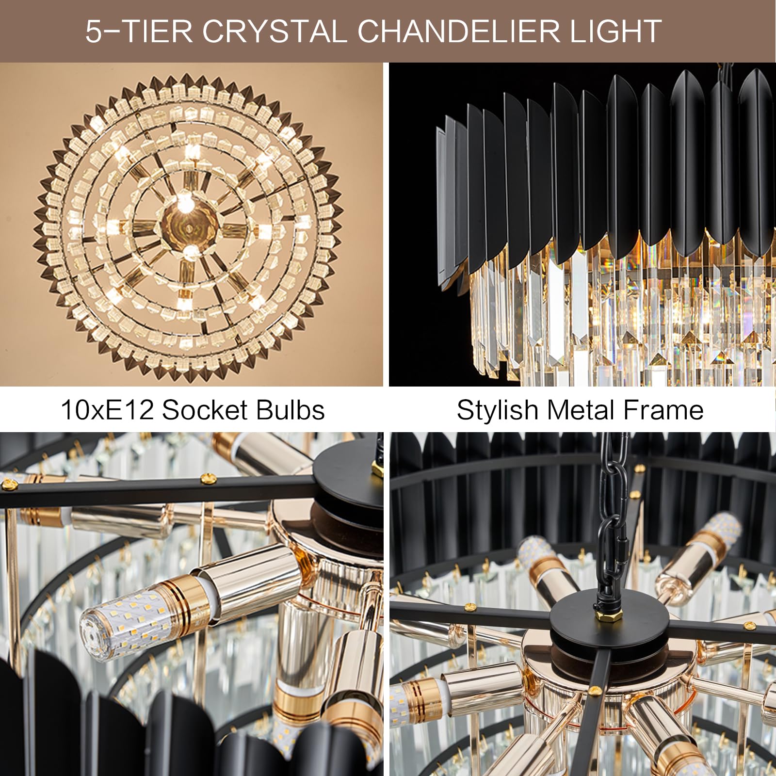 Yolizuot Black Crystal Chandelier 24'' K9 Crystal Round Pendant Lights Adjustable 5-Tier Large Modern Crystal Chandelier Light 1