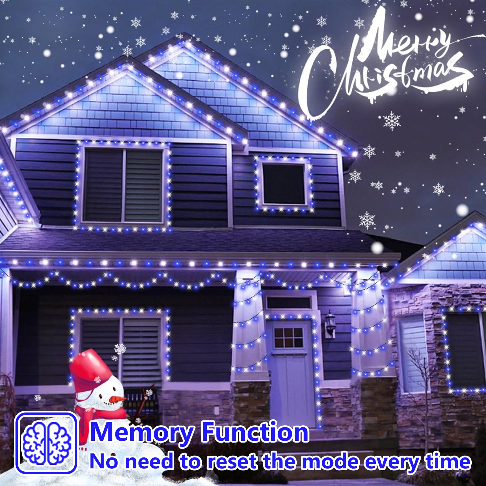 YEGUO 200 LED Christmas Lights, Waterproof Indoor/Outdoor, 66ft Green Wire, Blue and White, 8 Modes, Model JT-EL/FC300V0120-C