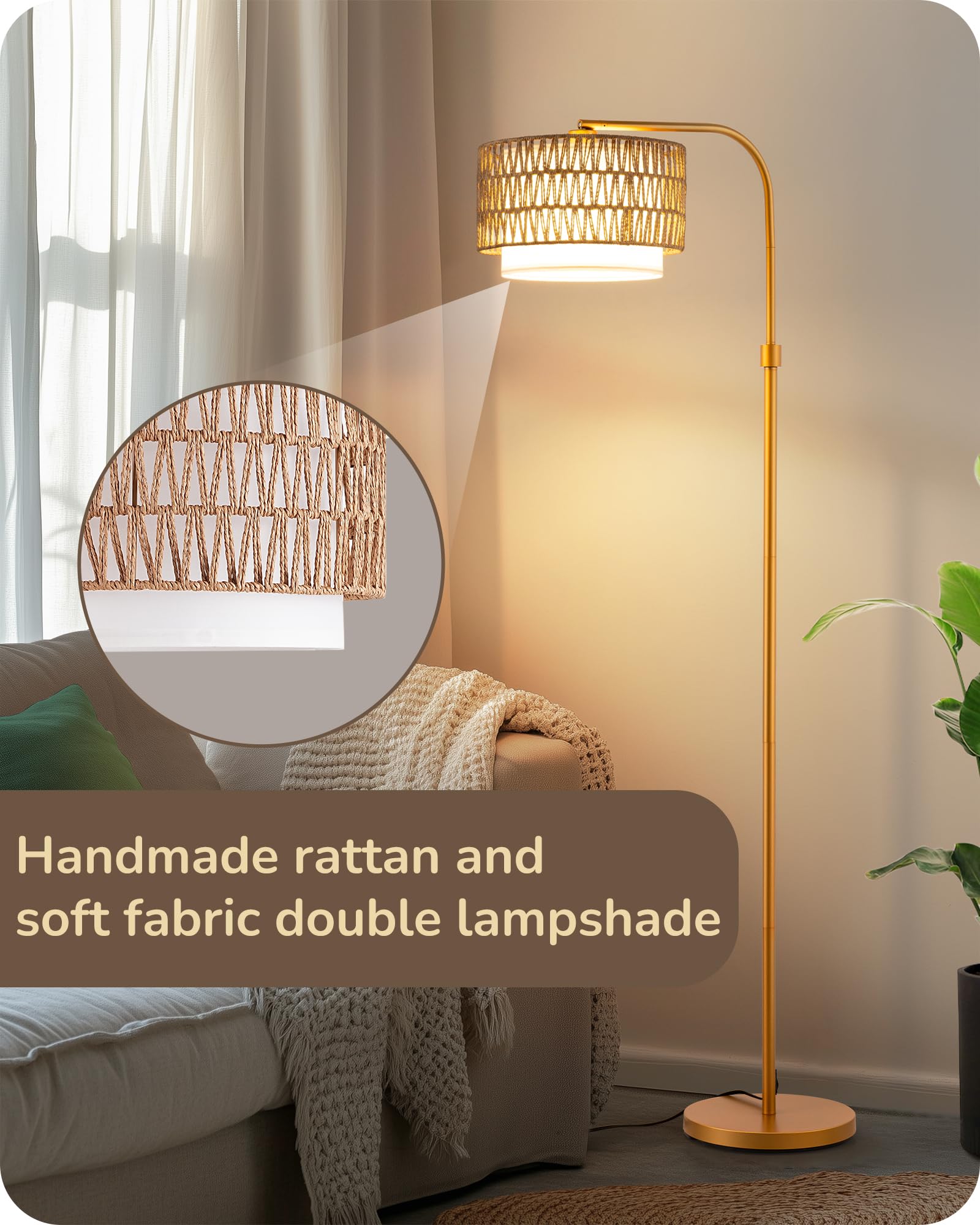 Edishine Rattan Floor Lamp For Living Room With Remote & Dimmable Led Bulb,63'' Mid Century Rattan Fabric Shade Standing Lamp Wi