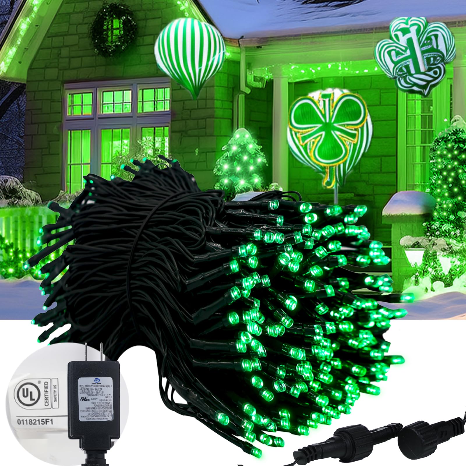 Kwaiffeo St. Patrick's Day Decorations, 100FT 300LED Green String Lights Outdoor Indoor, 8 Modes Connectable Lights for Christma