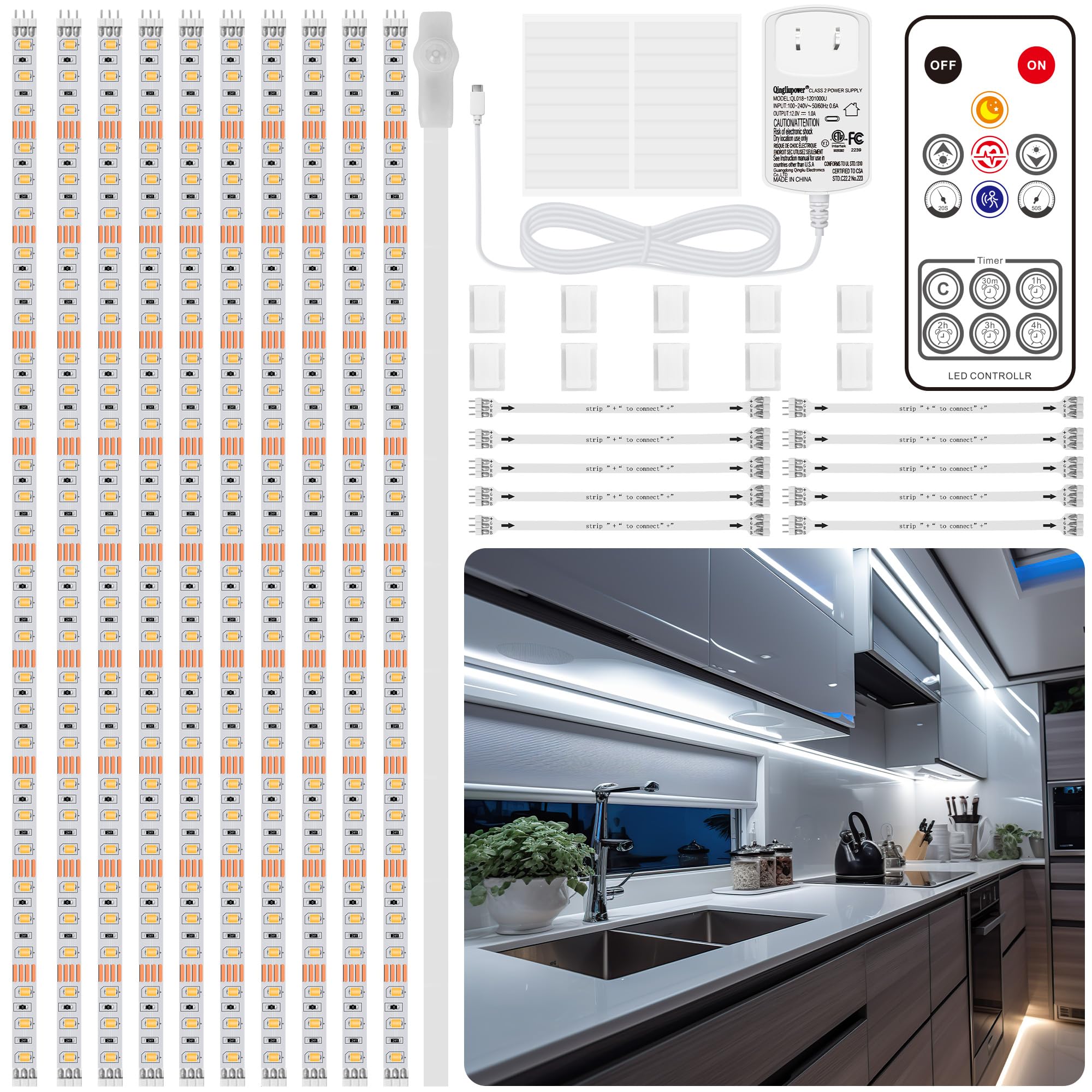 LAFULIT Under Cabinet Lights Kit, Motion Sensor LED Strip, Dimmable, 16.4FT, White, Model 10PCS-6000K-Motion-US