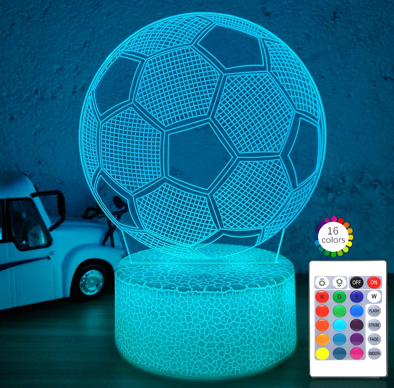 i-CHONY Soccer Gifts Night Light for Kids,Soccer 3D Illusion Lamp 16 Colors Dimmable Bedroom Decor Bedside Lamp,with Remote & Sm