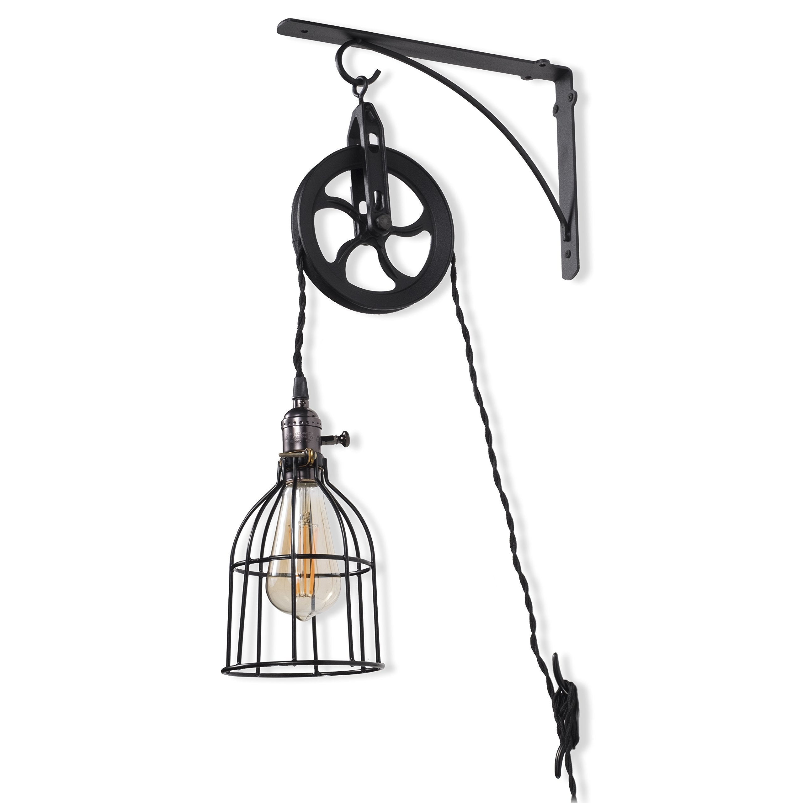 Rustic State Industrial Pulley Design Black Wall Sconce Pendant Lamp Kit with Wire Cage Shade, Iron Bracket, Pulley, 10 Fabric P