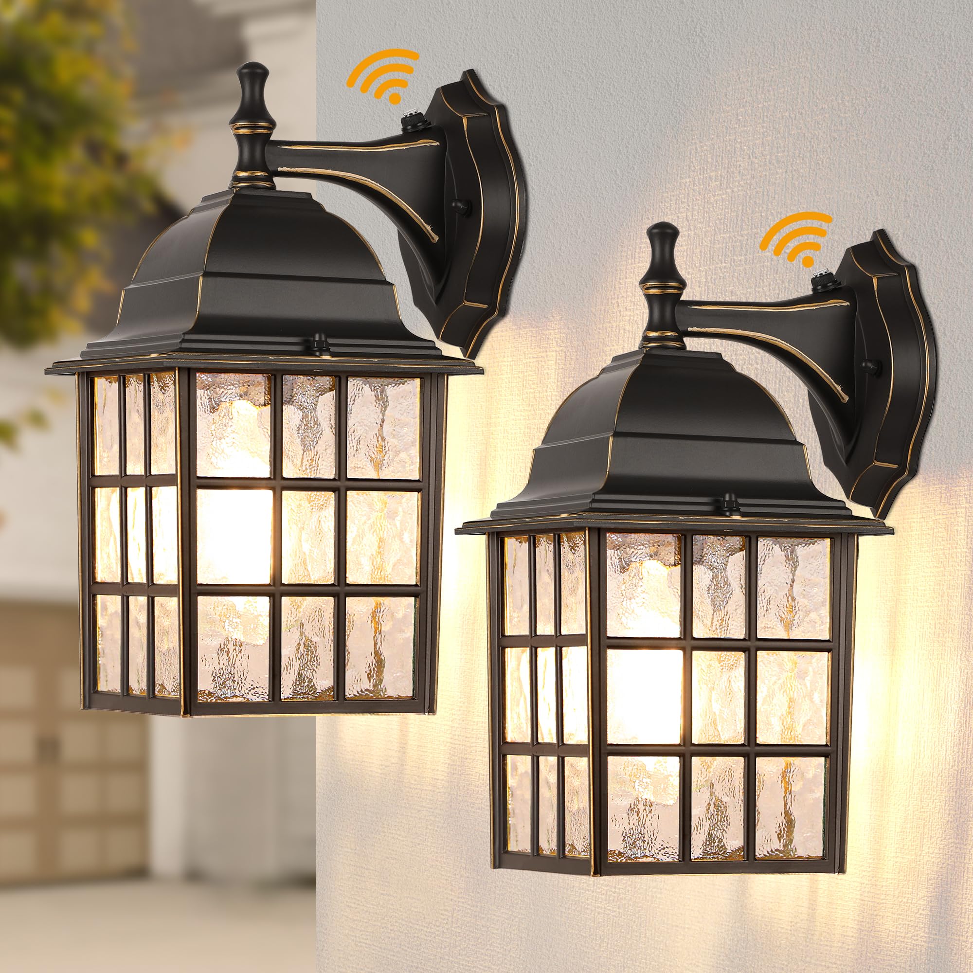 WIHTU Black Dusk to Dawn Outdoor Lights for House with Gold Rim, Sensor Exterior Lighting Fixtures Wall Mount, Waterproof Porch 
