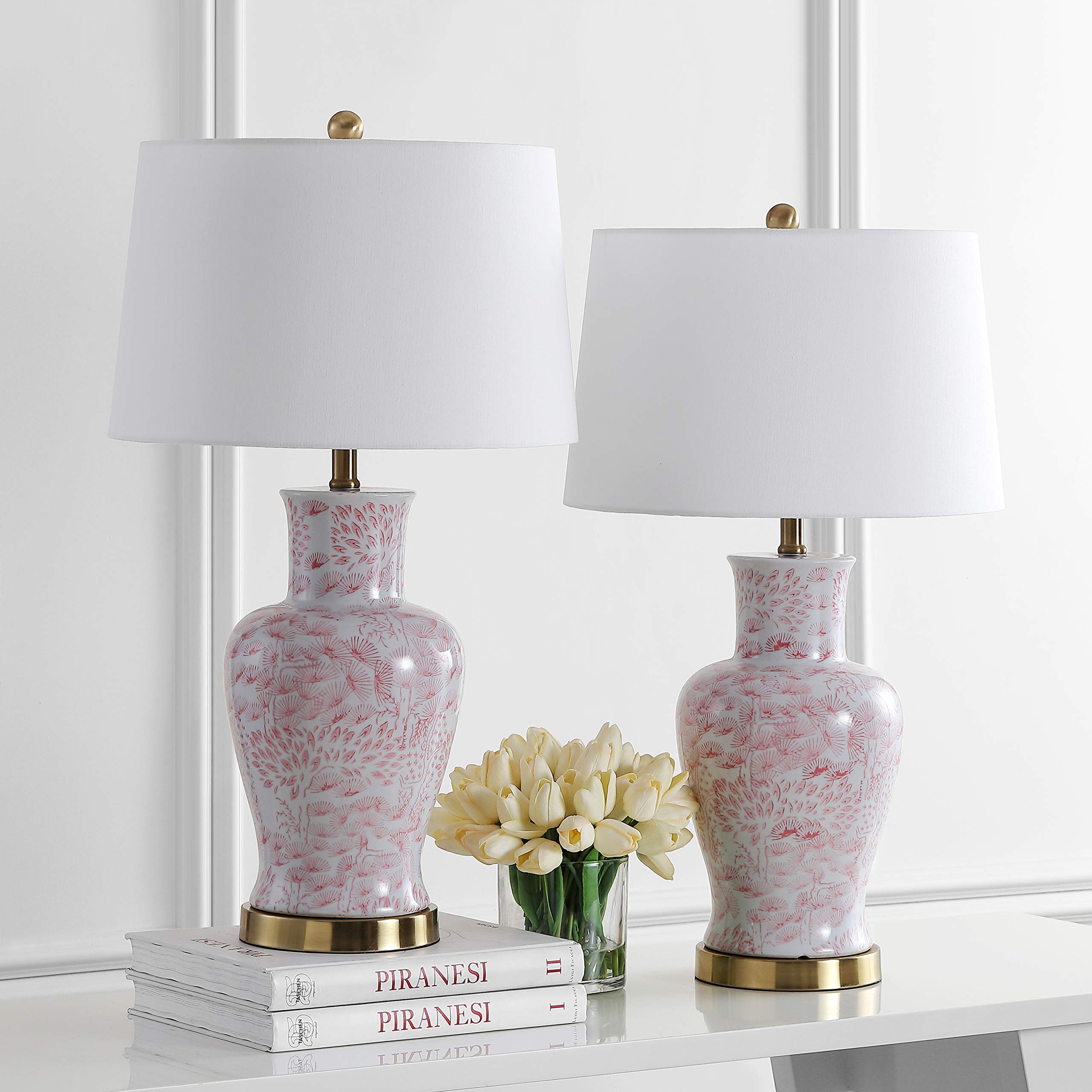 SAFAVIEH Calli 28-inch Pink/White Chinoiserie Table Lamp Set of 2 with LED Bulbs for Bedroom, Living Room, Home Office, Model TBL4161