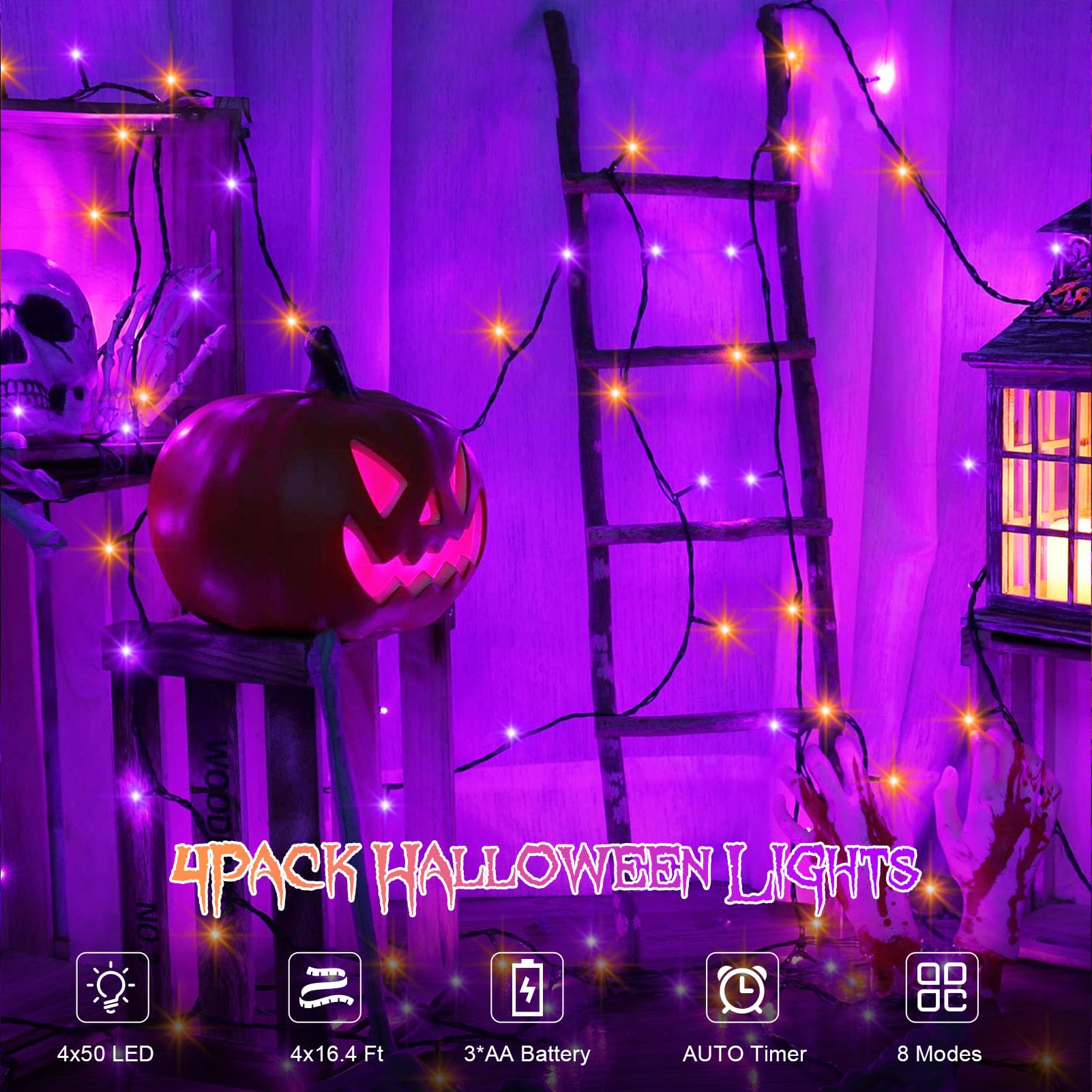 DealBeta Halloween String Lights, 50 LED, Battery Operated, 4 Pack, 16.4Ft Each, Purple & Orange, Model sl-01-3