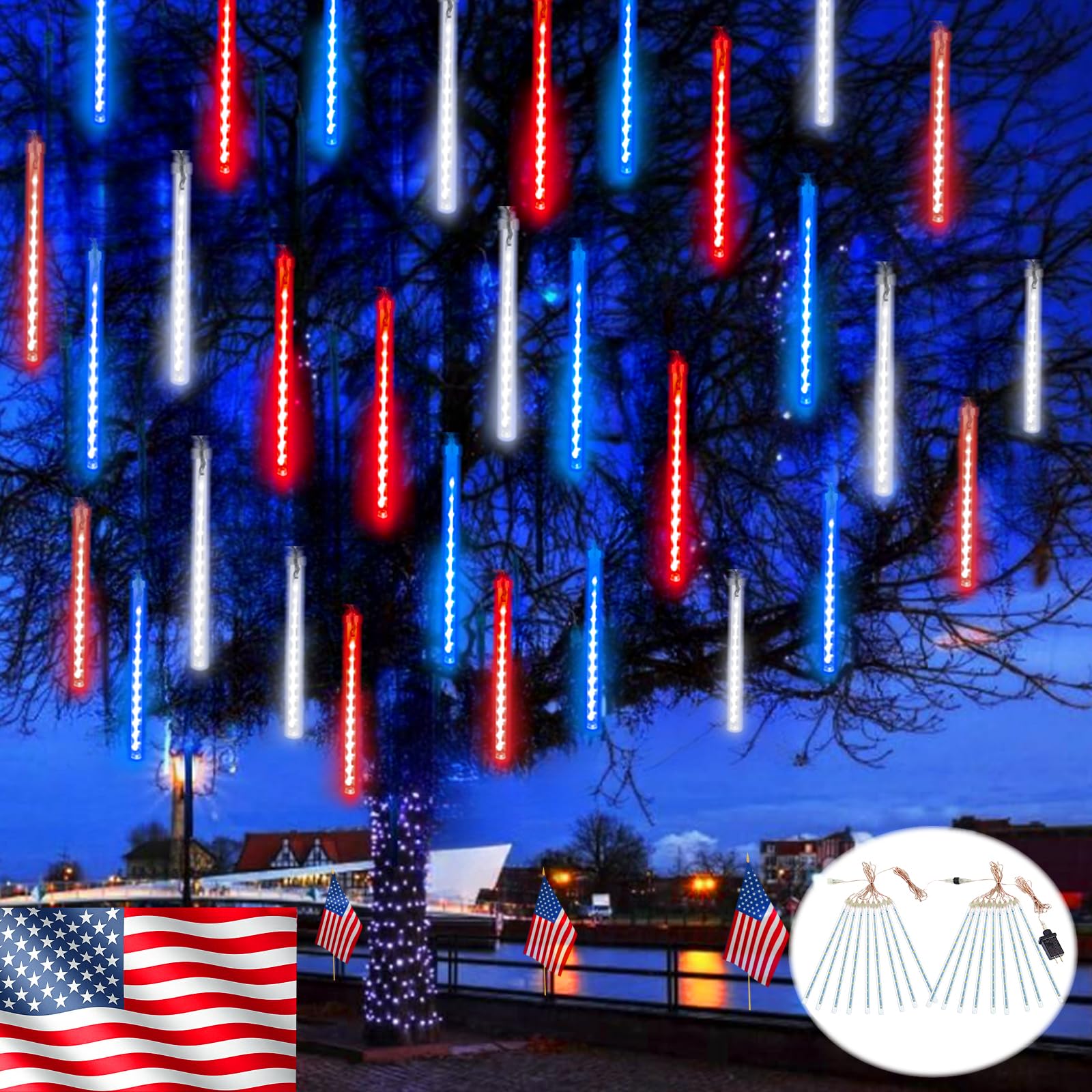 EXF 2-Pack Outdoor Christmas Decorations Lights, 432LED Meteor Shower, Timer, 30cm Tubes, Red White Blue