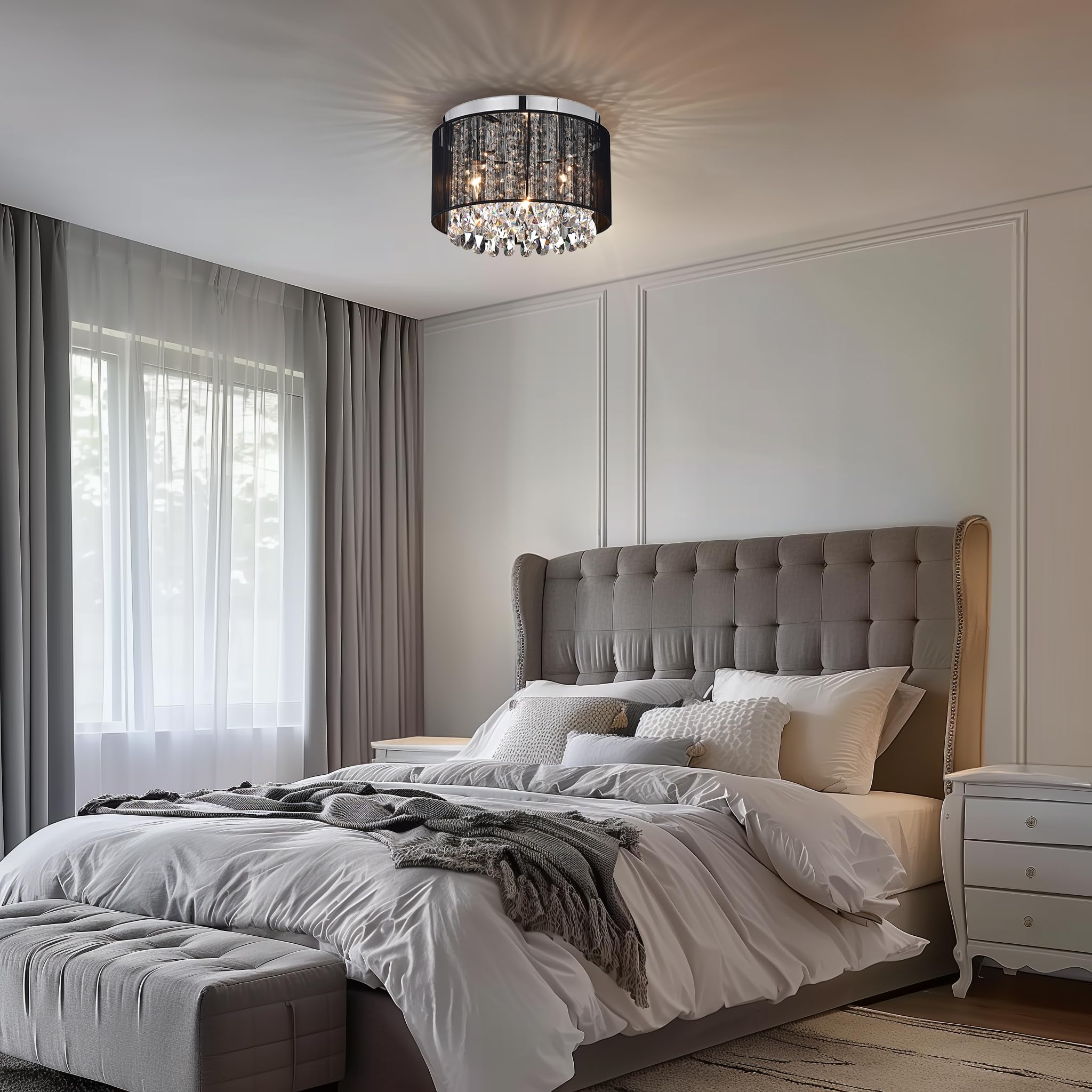 LaLuLa Black Chandelier Small Flush Mount Lighting, 11in Round, 3 Light Mini Crystal for Bedroom
