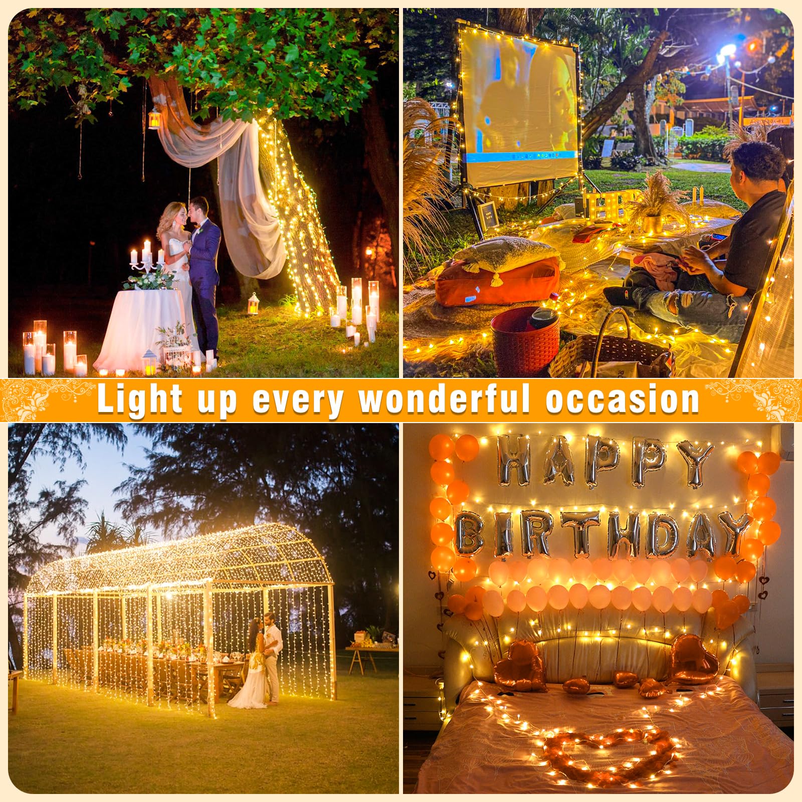 Nielfoi 66 FT Warm White String Lights, 200 LED, Waterproof, 8 Modes, Indoor/Outdoor, Model BG-CL3M3-306L01
