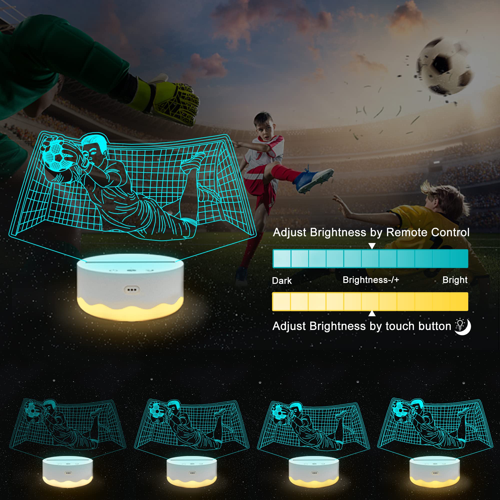 Ammonite Soccer Goalie Night Light - 3D Optical Illusion LED Lamp with Remote, 16 Color Changing, Perfect Gift for Sports Fans