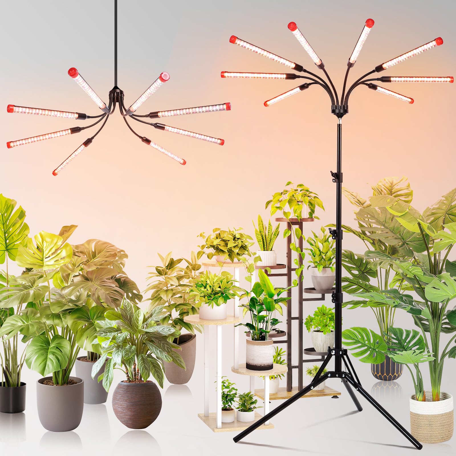 FECiDA 72W LED Grow Light, 8-Head Full Spectrum Plant Light, Black, Model ZH_GL_RH, Timer 4/8/12 Hr, Ideal for Indoor