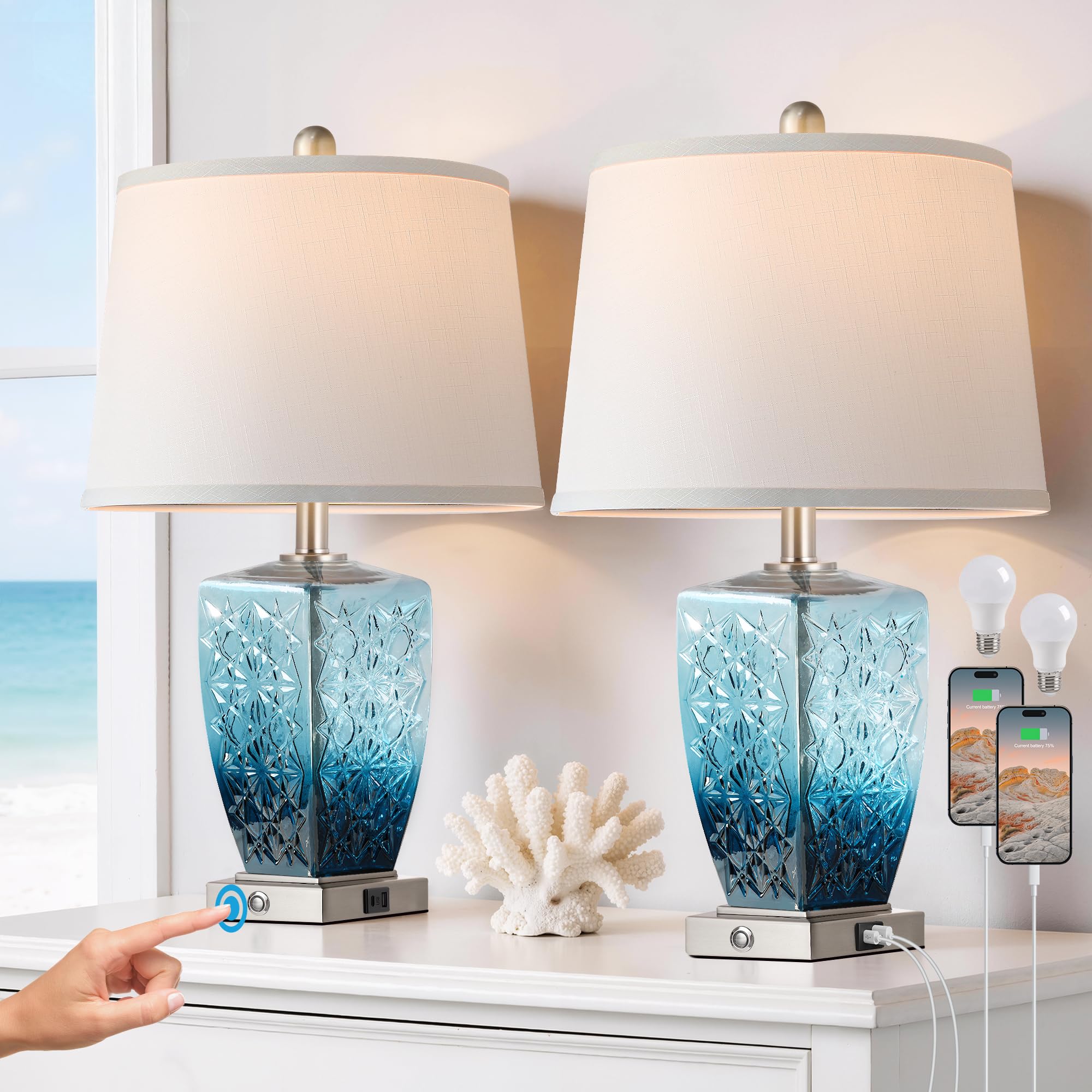 QiMH Glass Table Lamps for Living Room  Modern Bedside Lamps for Night Stands with USB A+C Ports  3-Way Dimmable Touch Lamp for Bedroom Set of 2 with White Linen Shade Home Decor  Blue