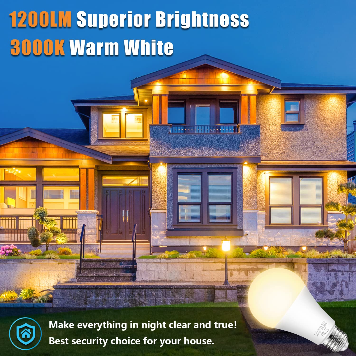 A19 Dusk To Dawn Sensor Light Bulbs Outdoor 100 Watt Equivalent, 11W Automatic On/Off Led Bulbs Warm White 3000K, 4-Pack 1200Lum