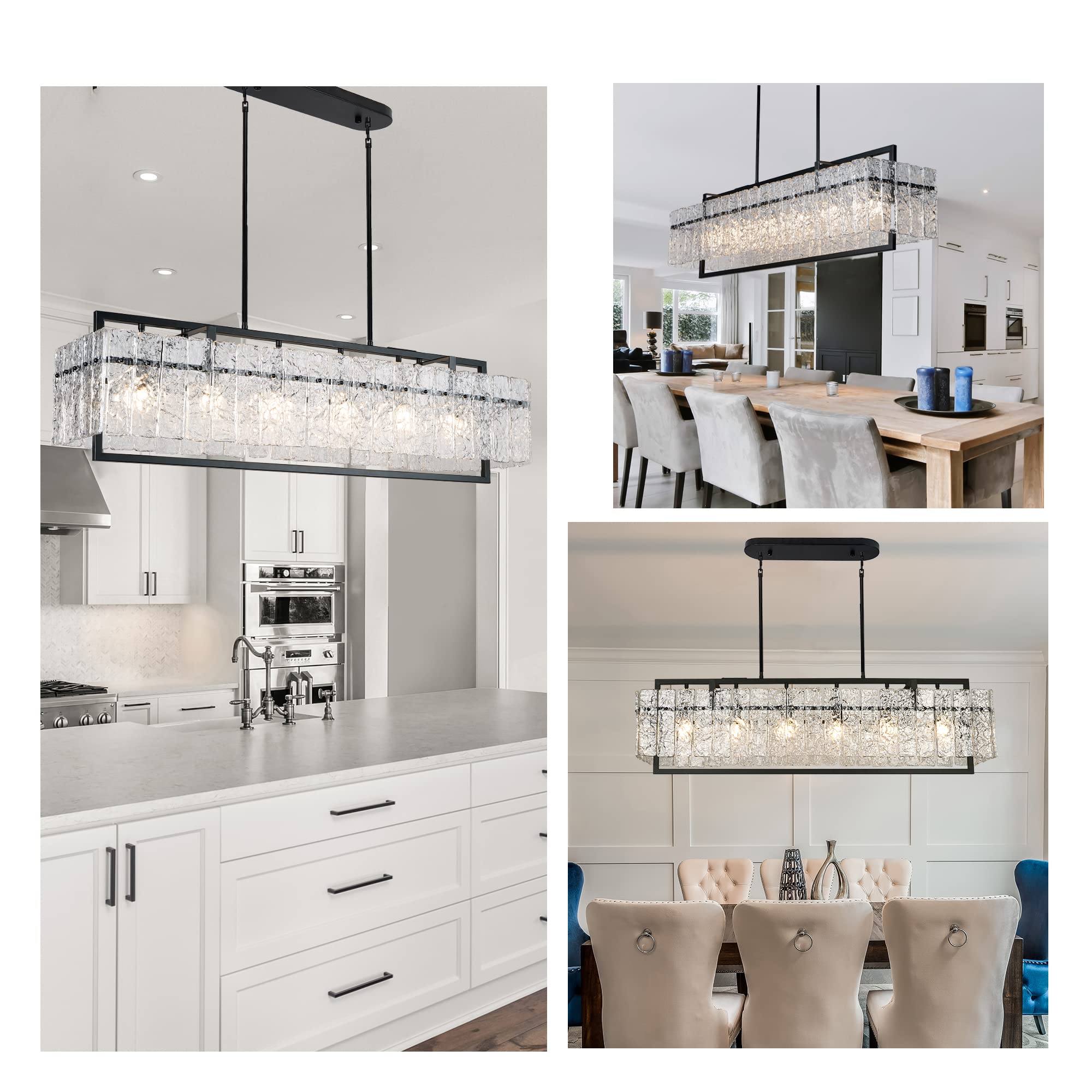 Modern Rectangle Black Crystal Chandeliers For Dining Room, 42'' Large Rectangular Water Ripple Glass Island Light Fixture, Line