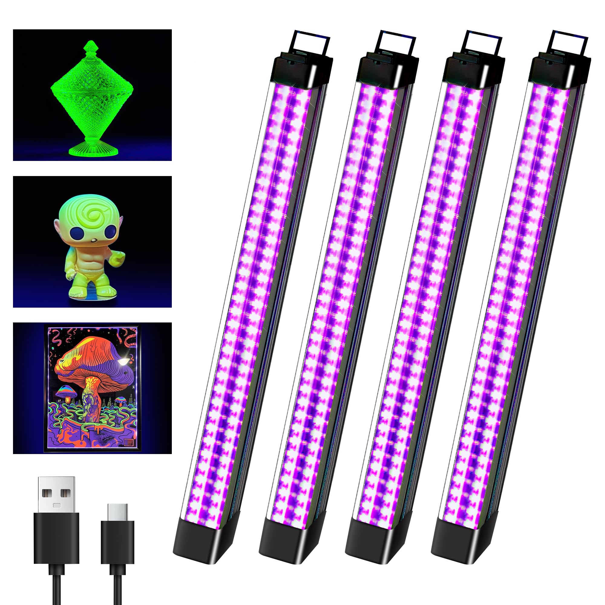 Destlife 4 Pack Rechargeable Black Light Bar 10W Battery Operated Blacklight, Portable BlackLights for Glow Party Fishing