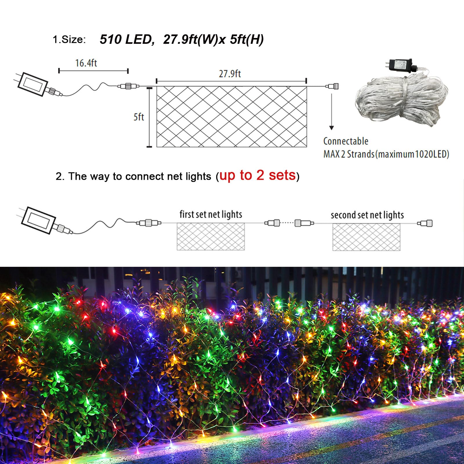Lov high-standard 510 LED Christmas Net Lights, 27.9ft x 5ft, Multicolor, Waterproof, 8 Modes, Connectable for Outdoor Holiday Decorations