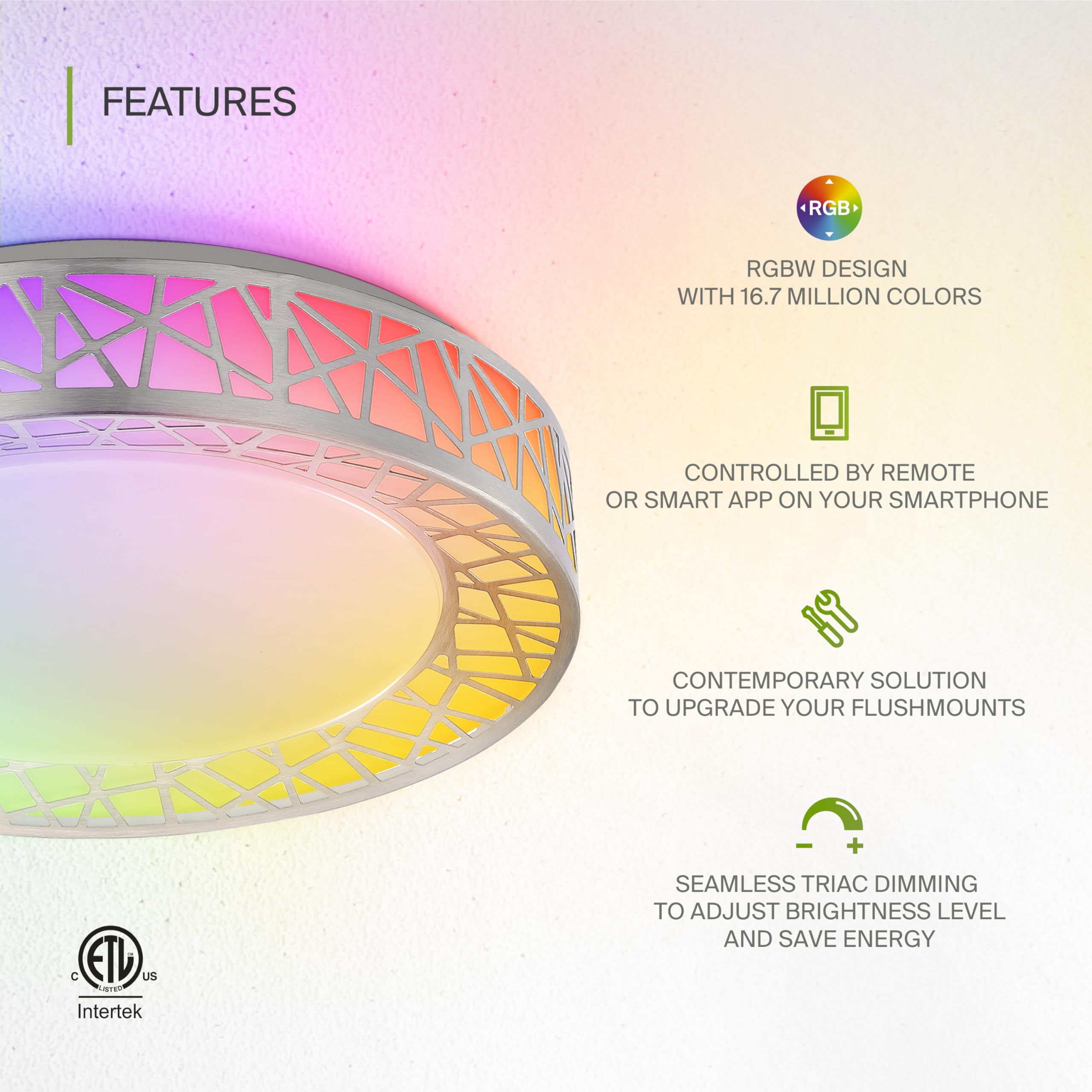 ASD Smart RGBW Flush Mount Ceiling Light, 20W, Dimmable, 12in, Brushed Nickel, WiFi Control, Model A-LFM12D20SRGBW-N