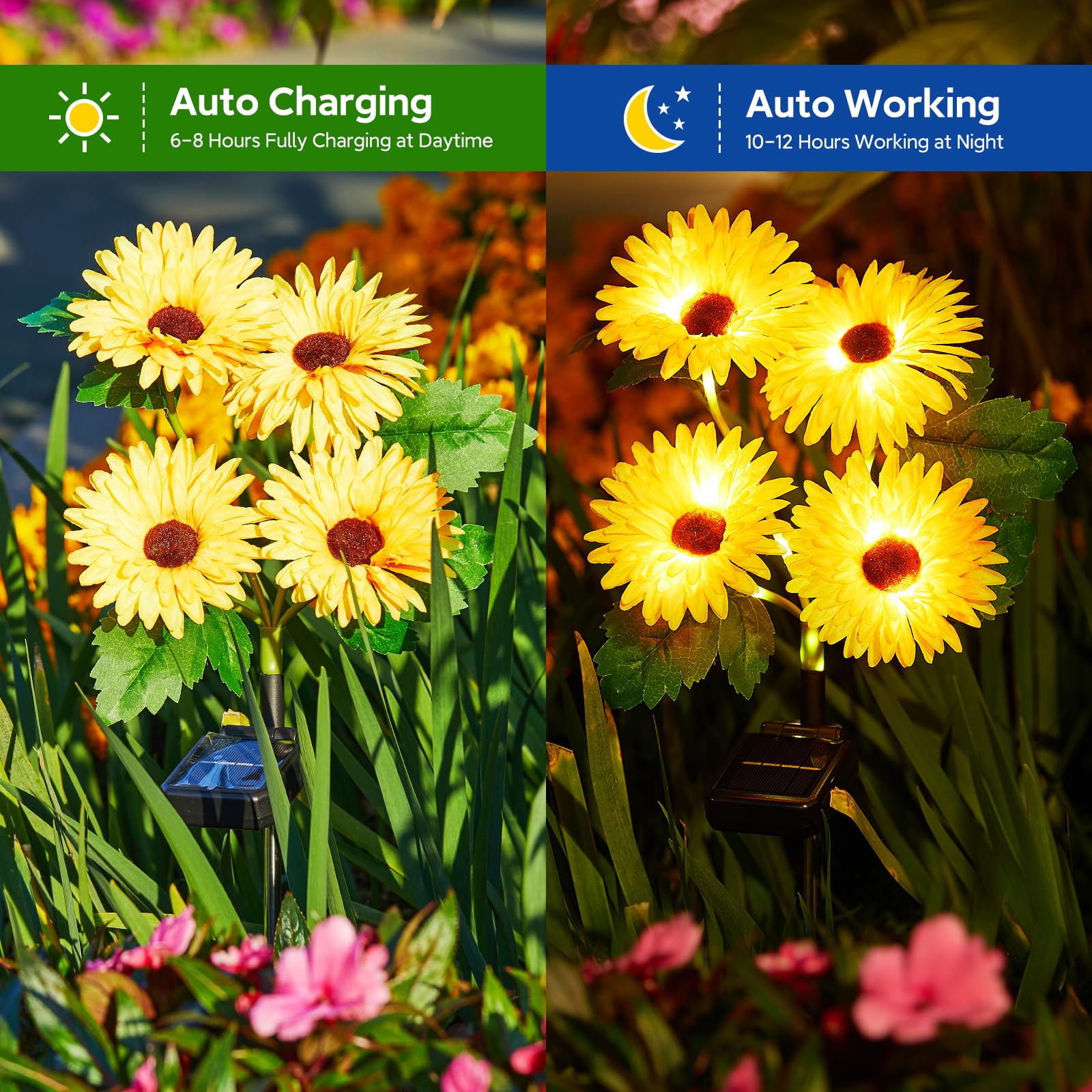 WdtPro Solar Garden Lights - 4 Pack Colorful Daisy Flowers, Waterproof Auto ON/Off, Plastic, Model TFL013