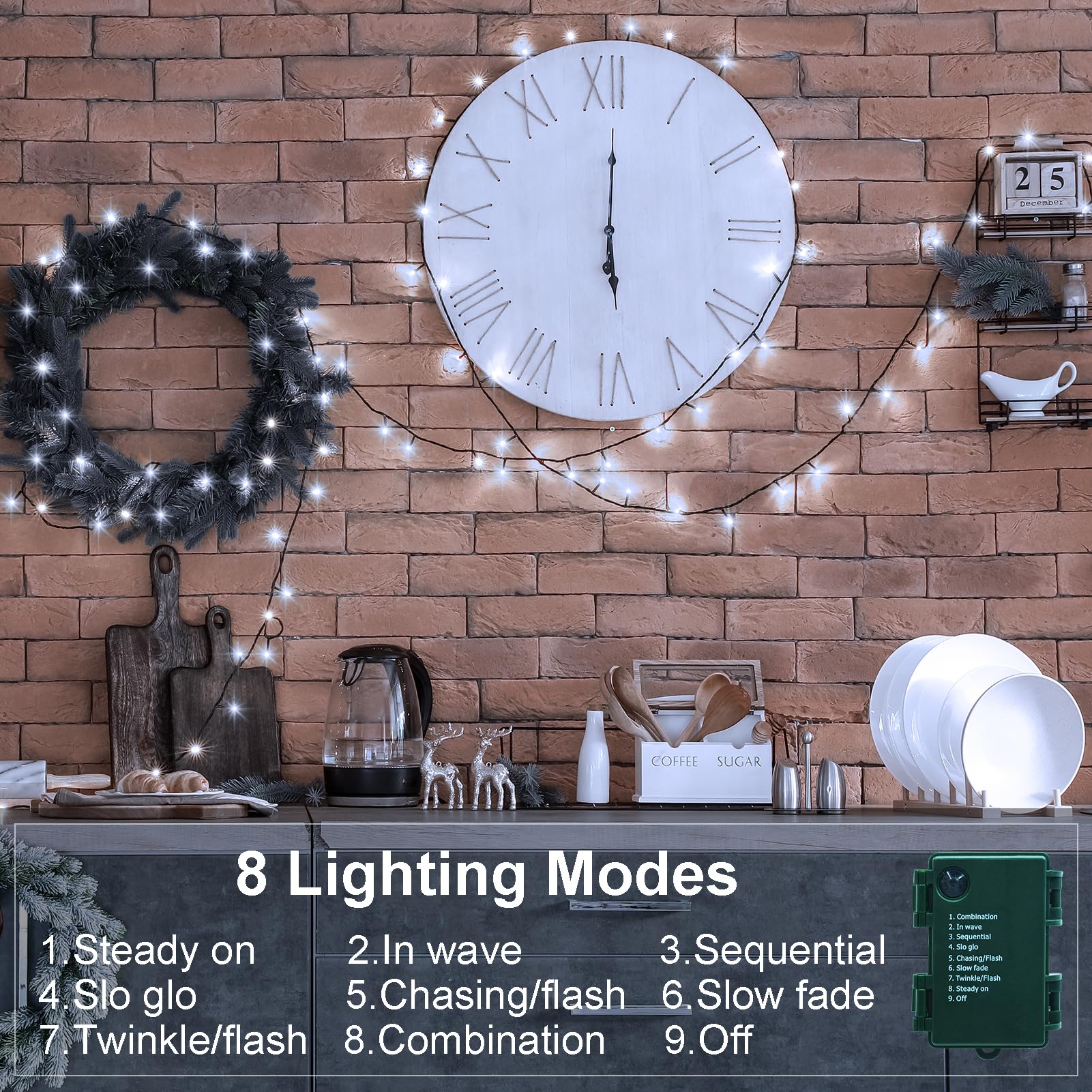 LumBelle 2 Pack String Lights, 23ft 70 LED Battery Operated, Cool White, 8 Modes, Timer, Indoor Outdoor Xmas Decoration