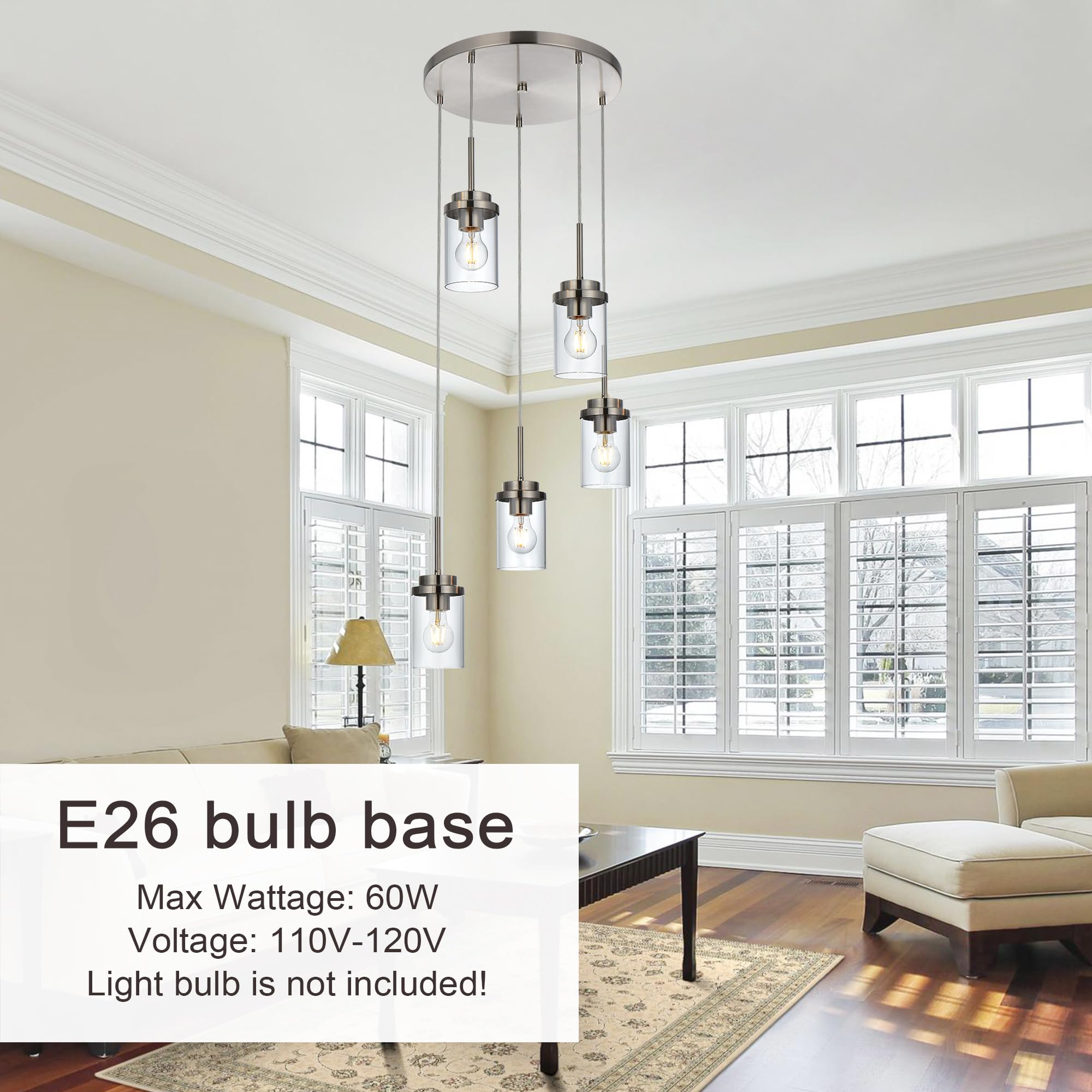 MELUCEE 5-Light Cluster Pendant Lights Brushed Nickel Metal Chandelier 4-4501-5RD-SN Adjustable Ceiling Lamp with Clear Glass Shade