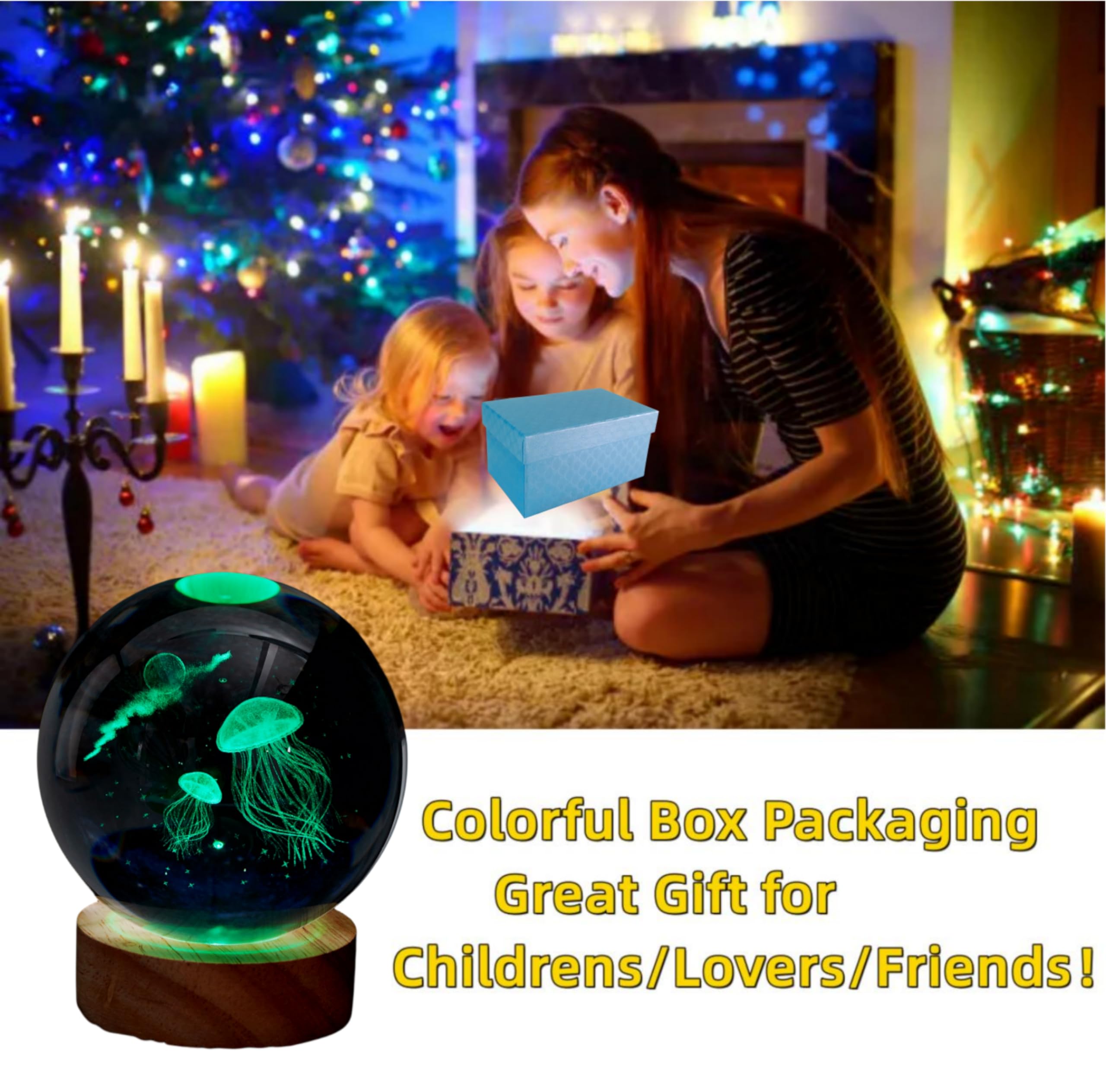 3D Jellyfish Crystal Ball Lamp, Upgraded 3.15 Inch Jellyfish Crystal Ball Night Light With 16 Colors Led Wooden Base, Remote Con