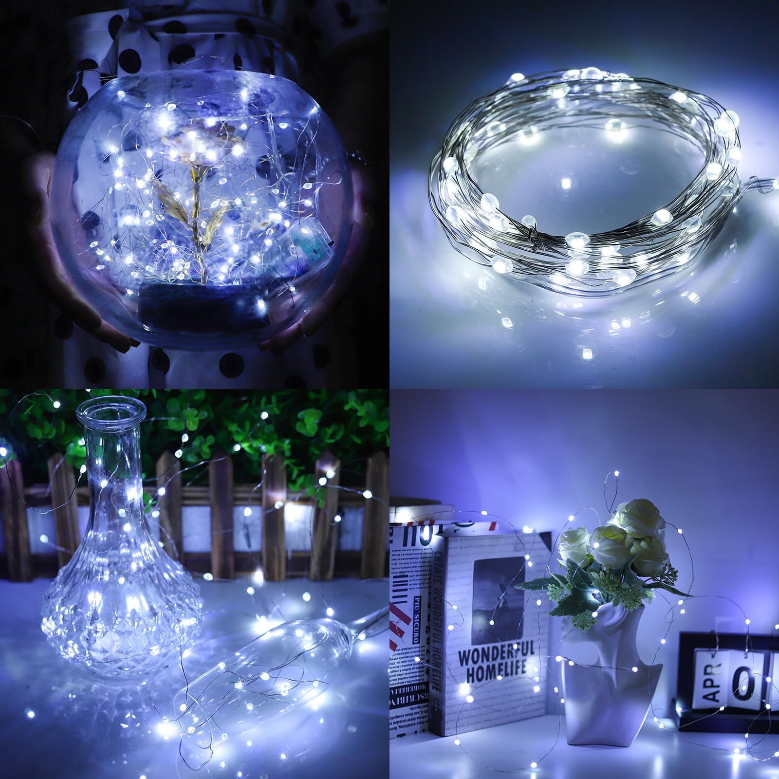Mandiq 4 Pack Fairy Lights Battery Operated, String Lights 10ft 30 LEDs, Flashing and Constant Light Mode, Silver Wire Mini Ligh