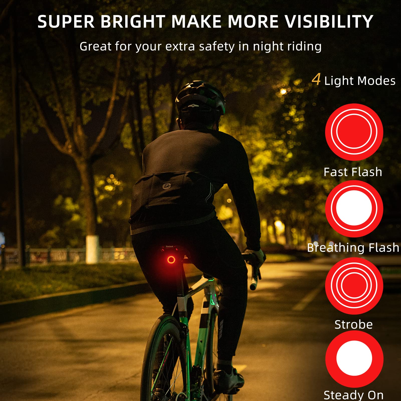 ROCKBROS Smart Bike Tail Light, Ultra Bright LED, IPX6 Waterproof, Brake Sensing, Rechargeable, Model TL907Q50-CBR, Black