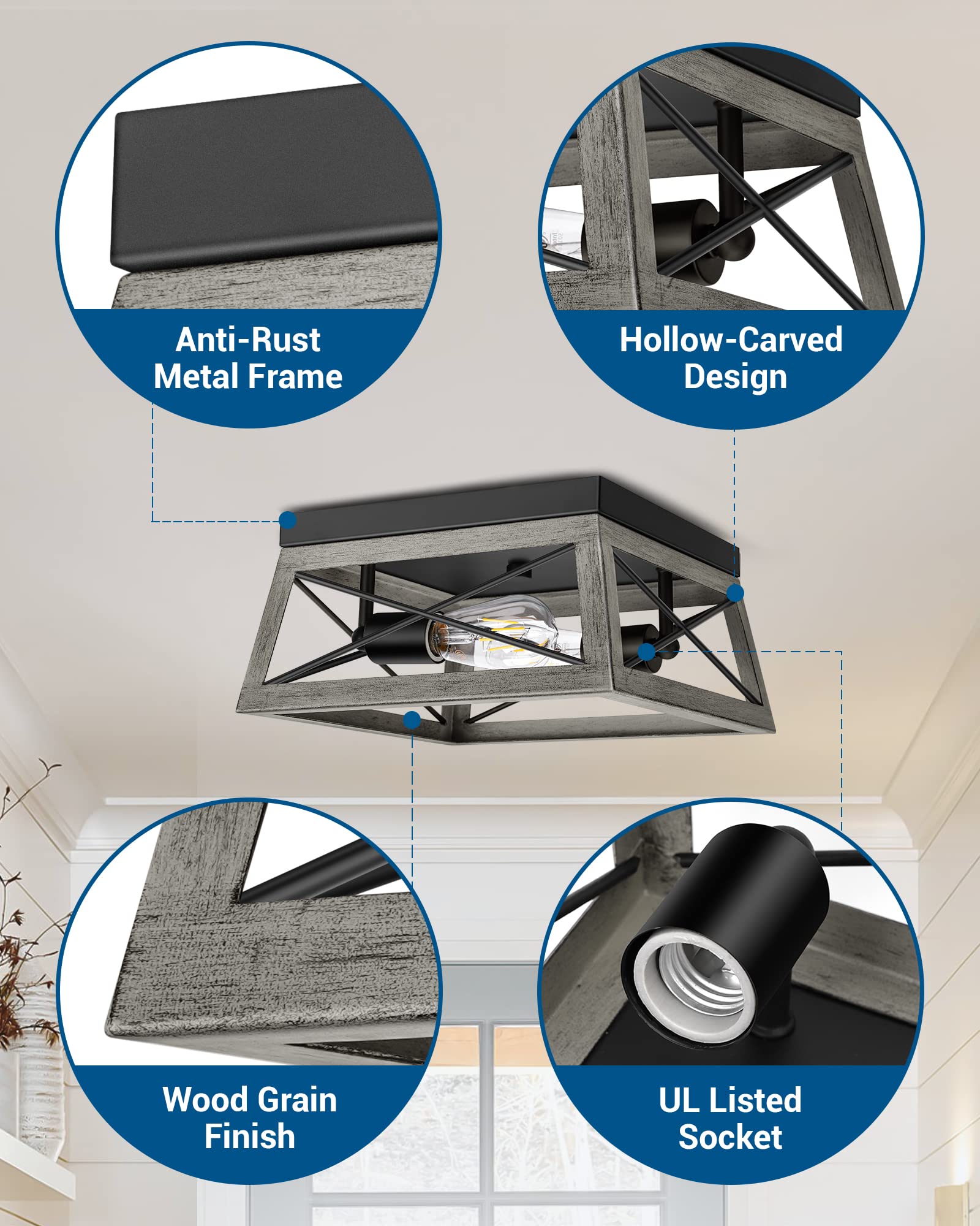 DEWENWILS 2-Light Flush Mount Ceiling Light, Metal, Dark Gray, Model HFCL02E, Farmhouse Industrial Design for Hallway Kitchen Living Room