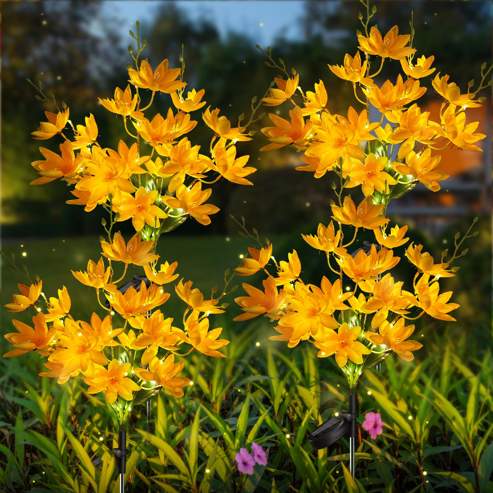 Neporal Solar Flowers 5-Head Snow Lotus, 20+ Warm LED Lights, Waterproof IP65, 4 Packs, Yellow