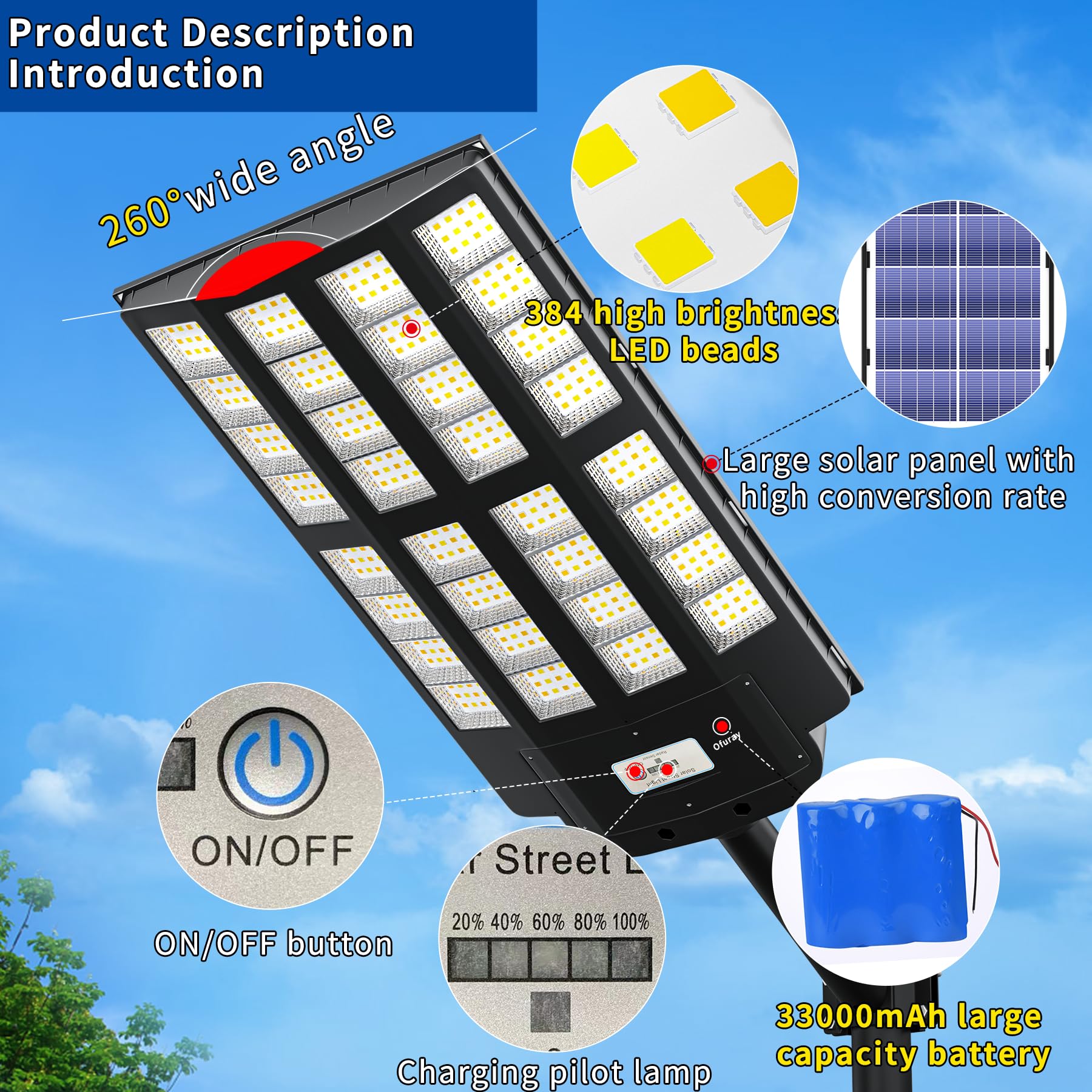 Ofuray Of-6200W Solar Street Light, 620000Lm, Dimmable, IP67, Remote Control, Black, 1 Pack