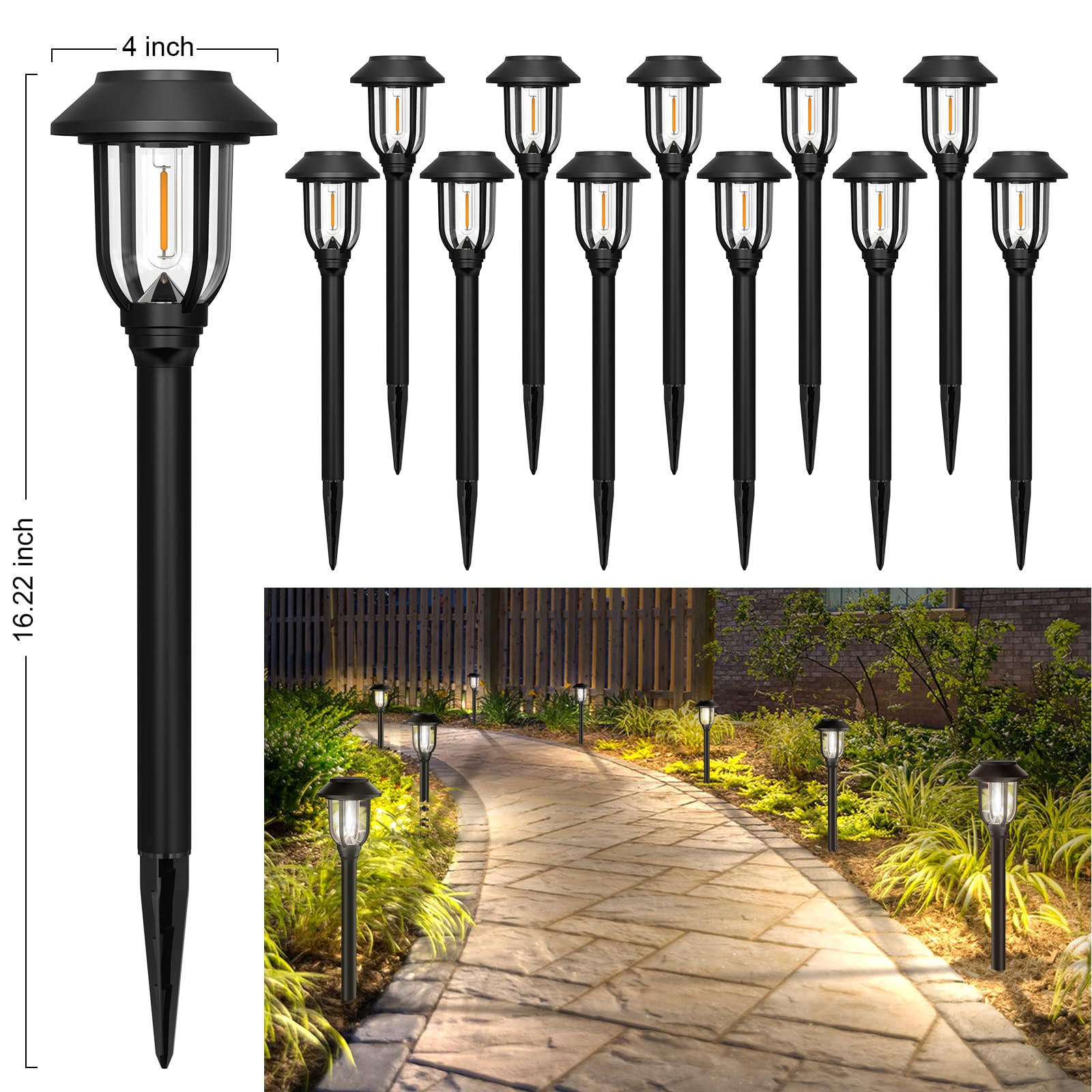 ILANCK 12 Pack Solar Pathway Lights, 6000K White, Waterproof, Auto On/Off, Heavy-duty ABS, Model 64B-6000KONE, for Yard &