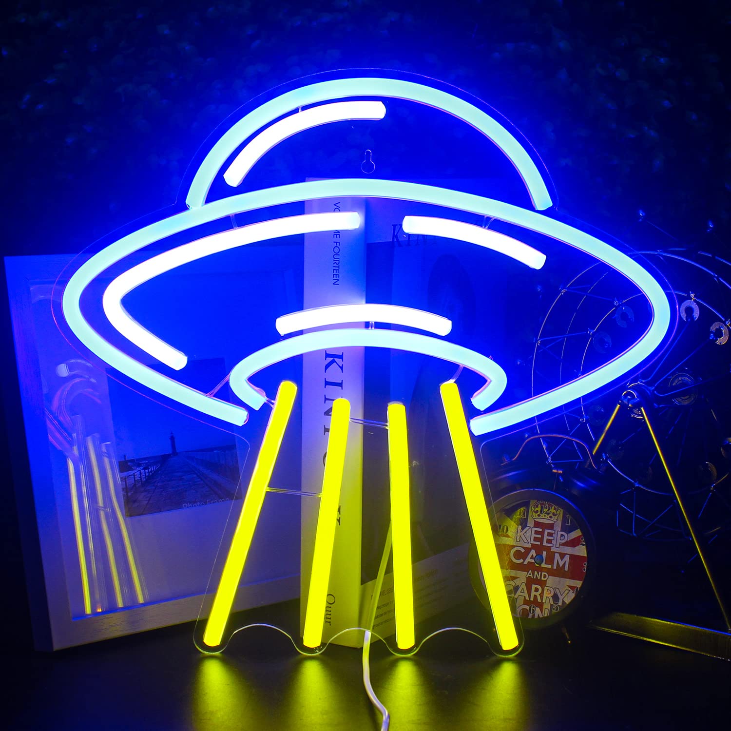 LUCUNSTAR UFO Alien Spaceship LED Neon Light - Blue Yellow Acrylic Wall Decor for Kids, Game Room, Astronomy Lovers, Model NS-DC-013