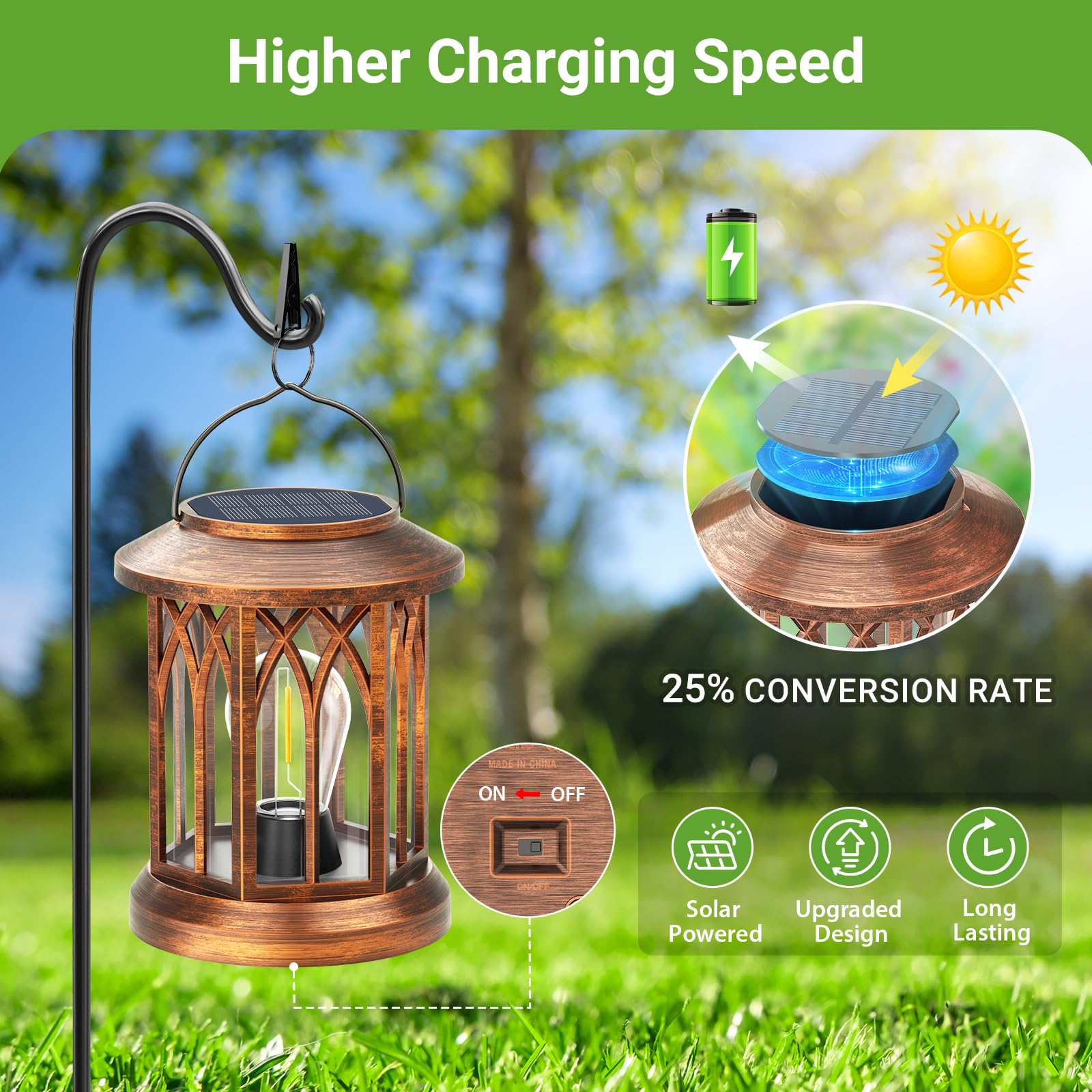 WdtPro Solar Lanterns 2 Pack, Waterproof Copper Hanging Lights, Model TLL009, Solar Powered for Outdoor Garden Patio Decor