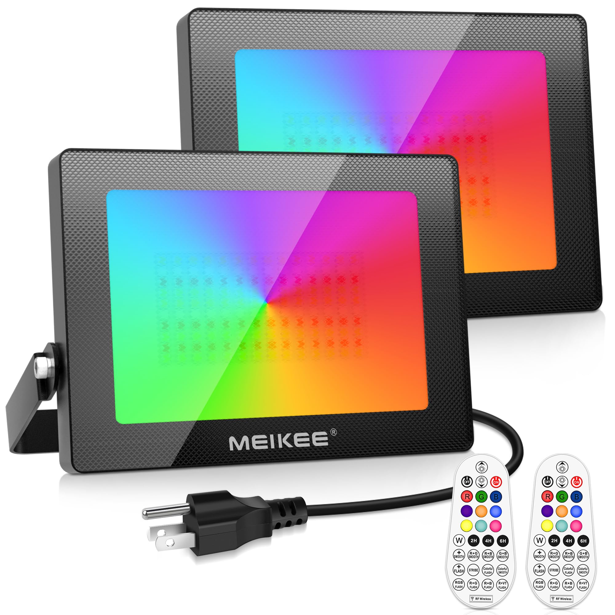 MEIKEE RGB Flood Light 100W 2 Pack - Color Changing, IP66 Waterproof, Outdoor Use, Perfect for Christmas, Halloween, Garden Party, Stage
