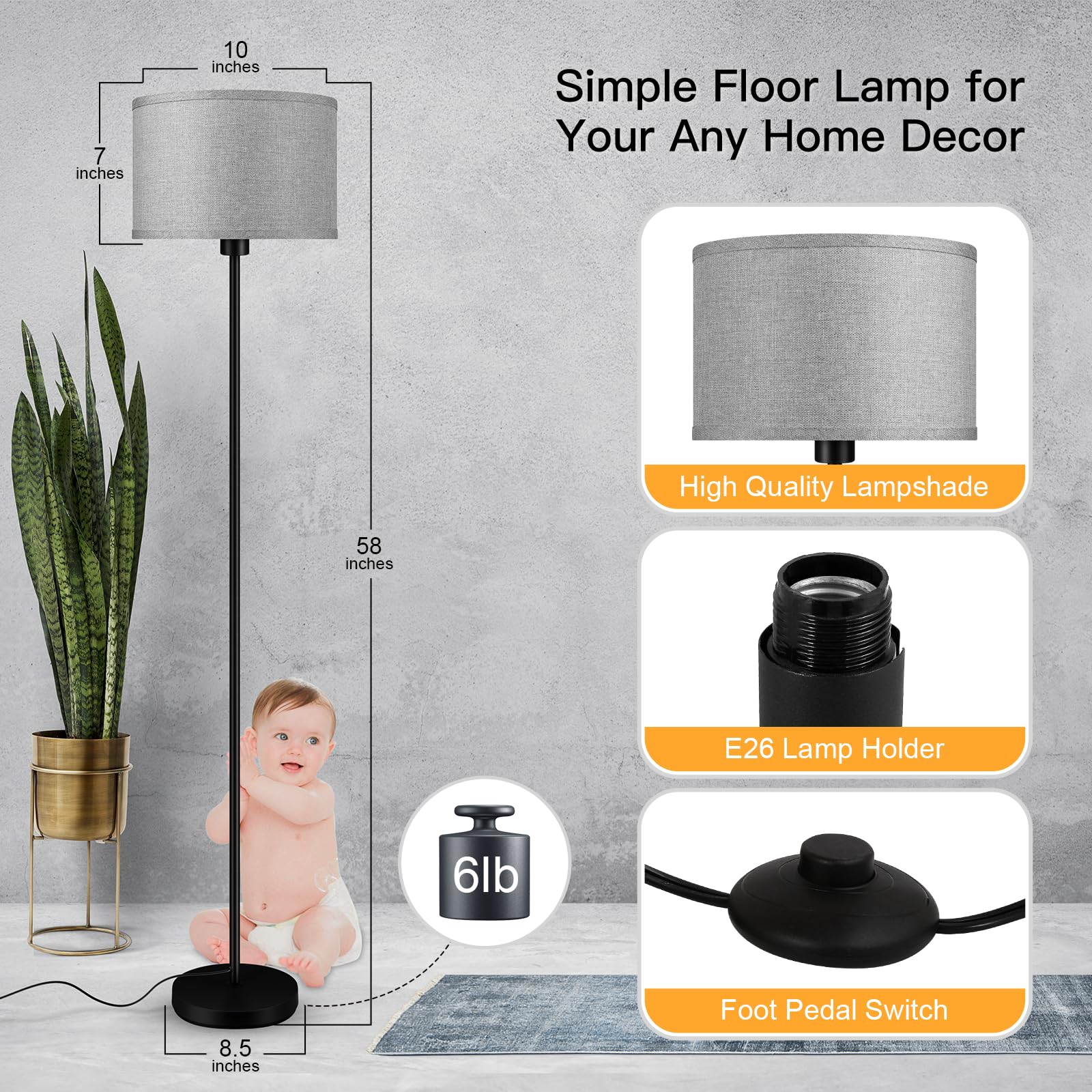 Modern Floor Lamp For Living Room, Bedroom, Office - Grey Shade, Foot Switch, Simple Pole Design