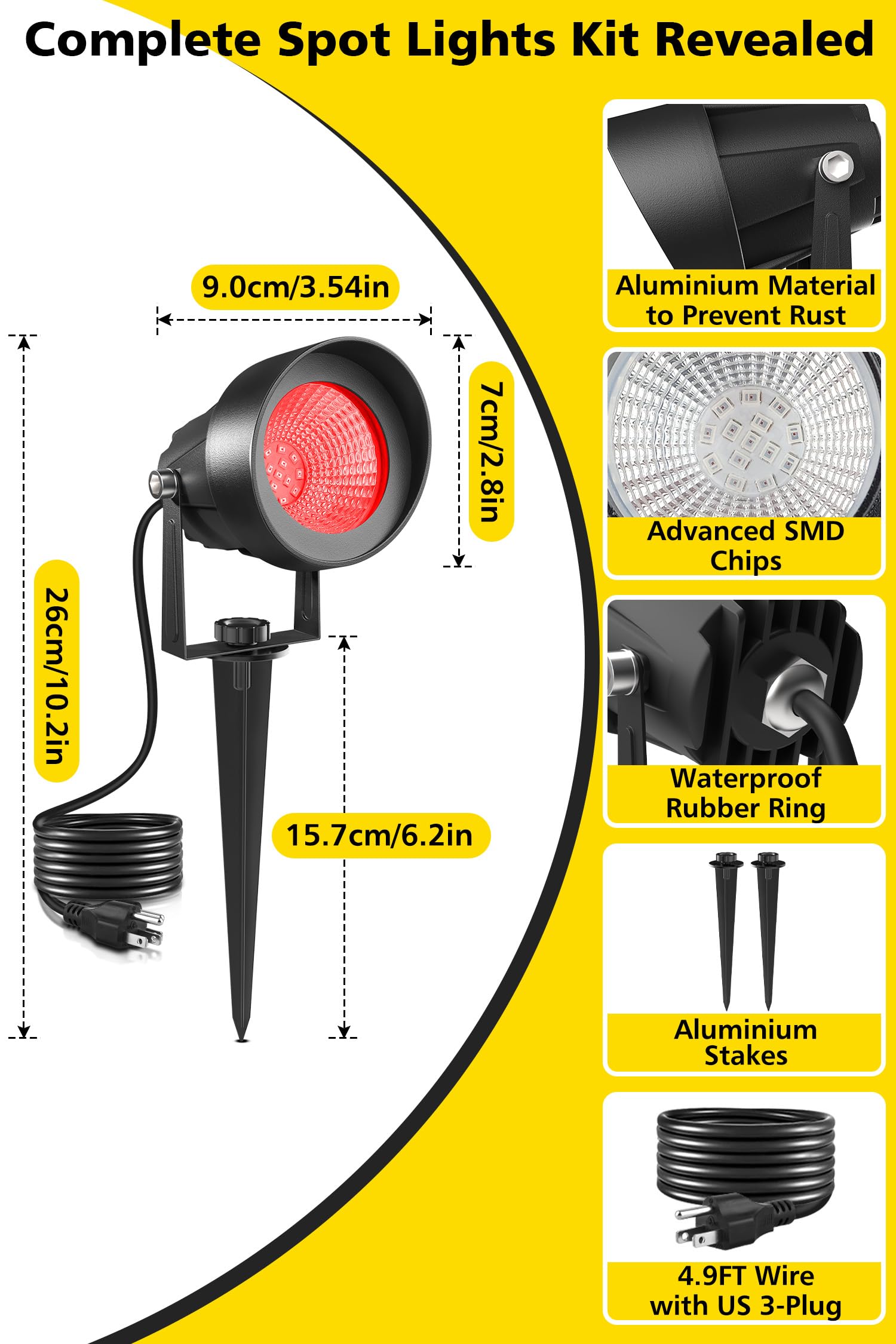 T-Sun Christmas Red Spotlight Outdoor  Waterproof Led Landscape Lighting With Us Plug  Easy Install 270?Adjustable Outdoor Spot Lights For Garden Tree Yard Decor