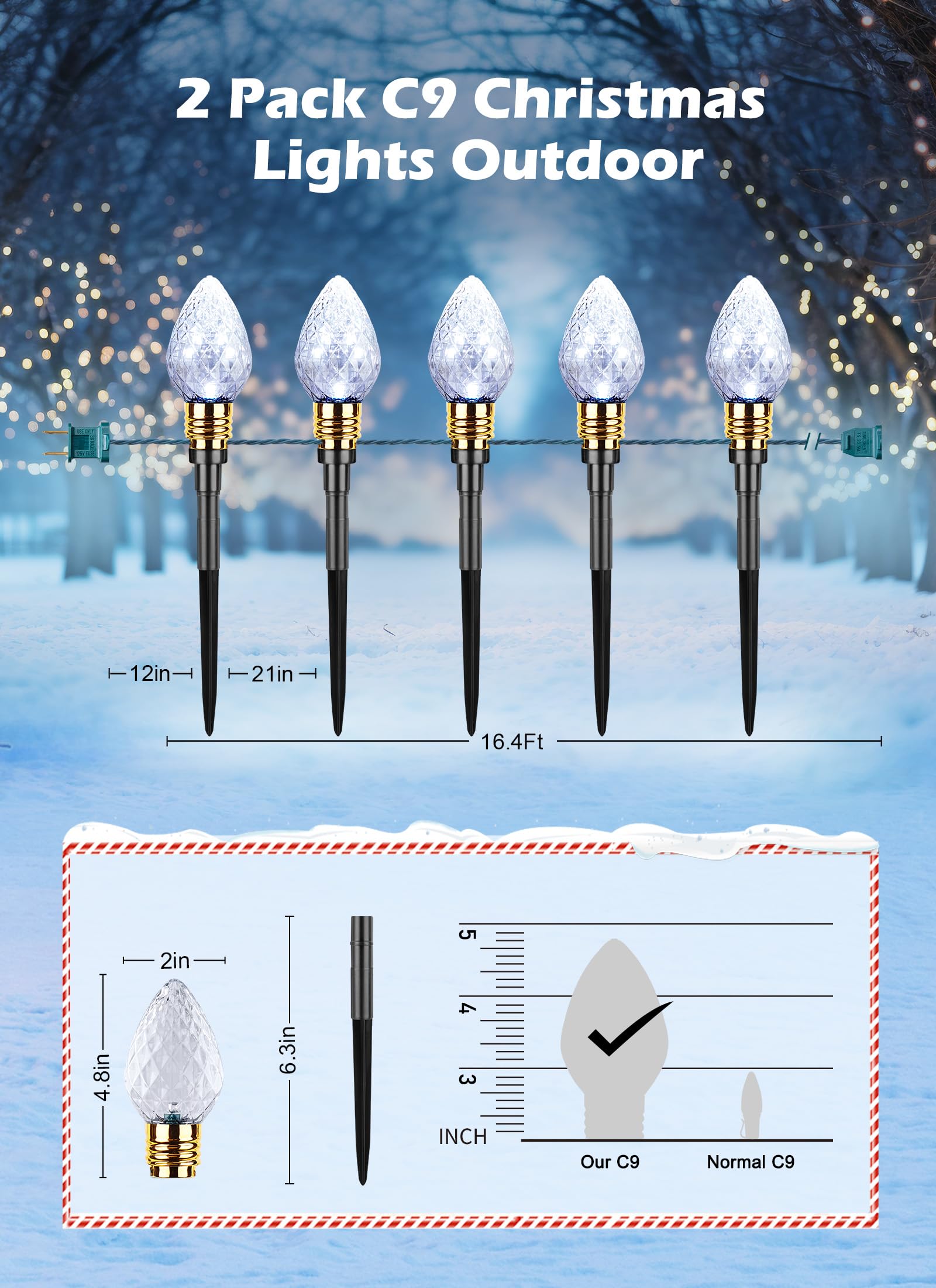 Brightown 2 Pack Strawberry C9 Christmas Pathway Lights Outdoor - Total 34.8 Feet 20 Led C9 Walkway Lights, Clear Bulb Christmas