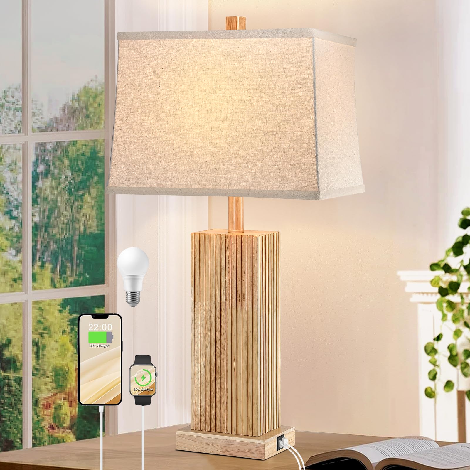 Lovlast 27.5 Wood Table Lamp, Modern Farmhouse Bedroom Lamp for Nightstand with USB Charging Port, Natural Wooden Base Table Lam
