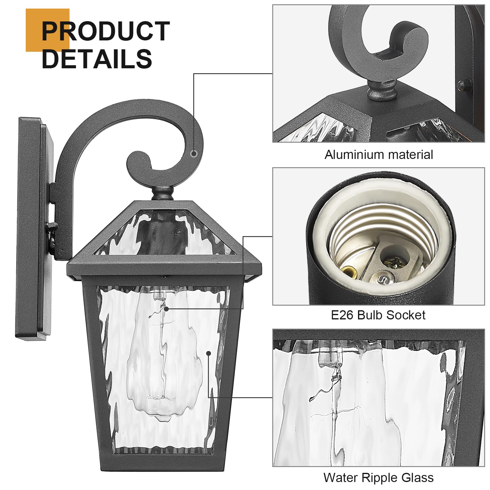 Luminzone Outdoor Wall Lantern 2-Pack, Waterproof Matte Black, Aluminum, Small, Model 7H1B-M WH, Ripple Glass Design