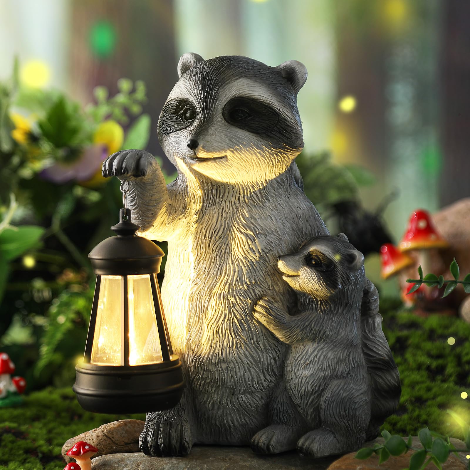 Pinkunn 9.5 Inch Solar Raccoon Family Garden Statues with LED Lights Home Decorations Outdoor Garden Raccoon Statue for Patio Ba