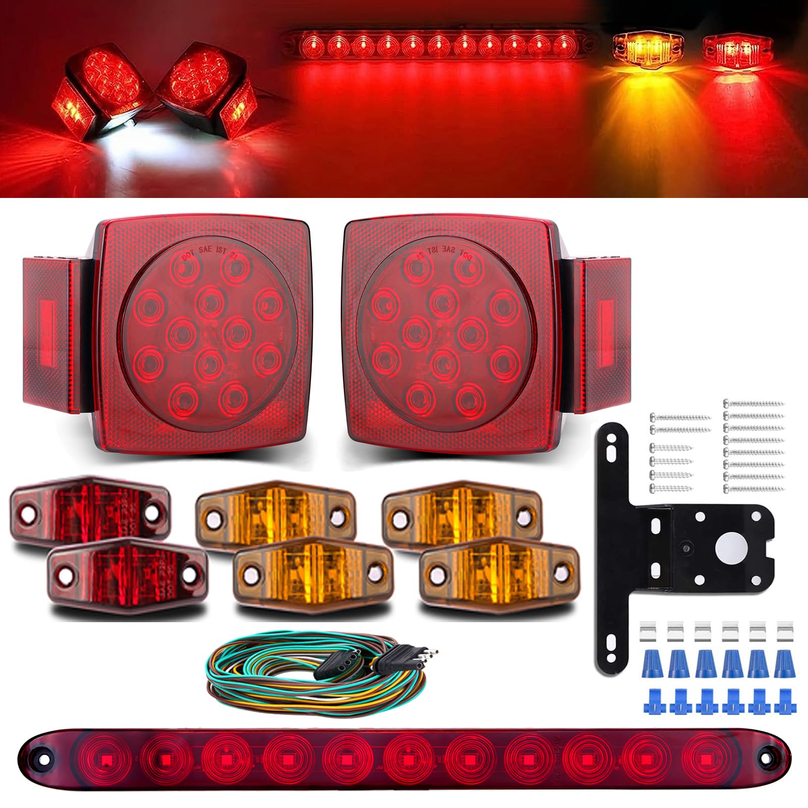 Limicar Trailer Lights, Stop Turn Tail Truck Trailer Light Kit & Trailer Wiring Harness Kit, Red Amber Trailer Marker Lights, 3Rd Brake Id Light Bar, Taillights For Vehicles Camper Snowmobile Rv