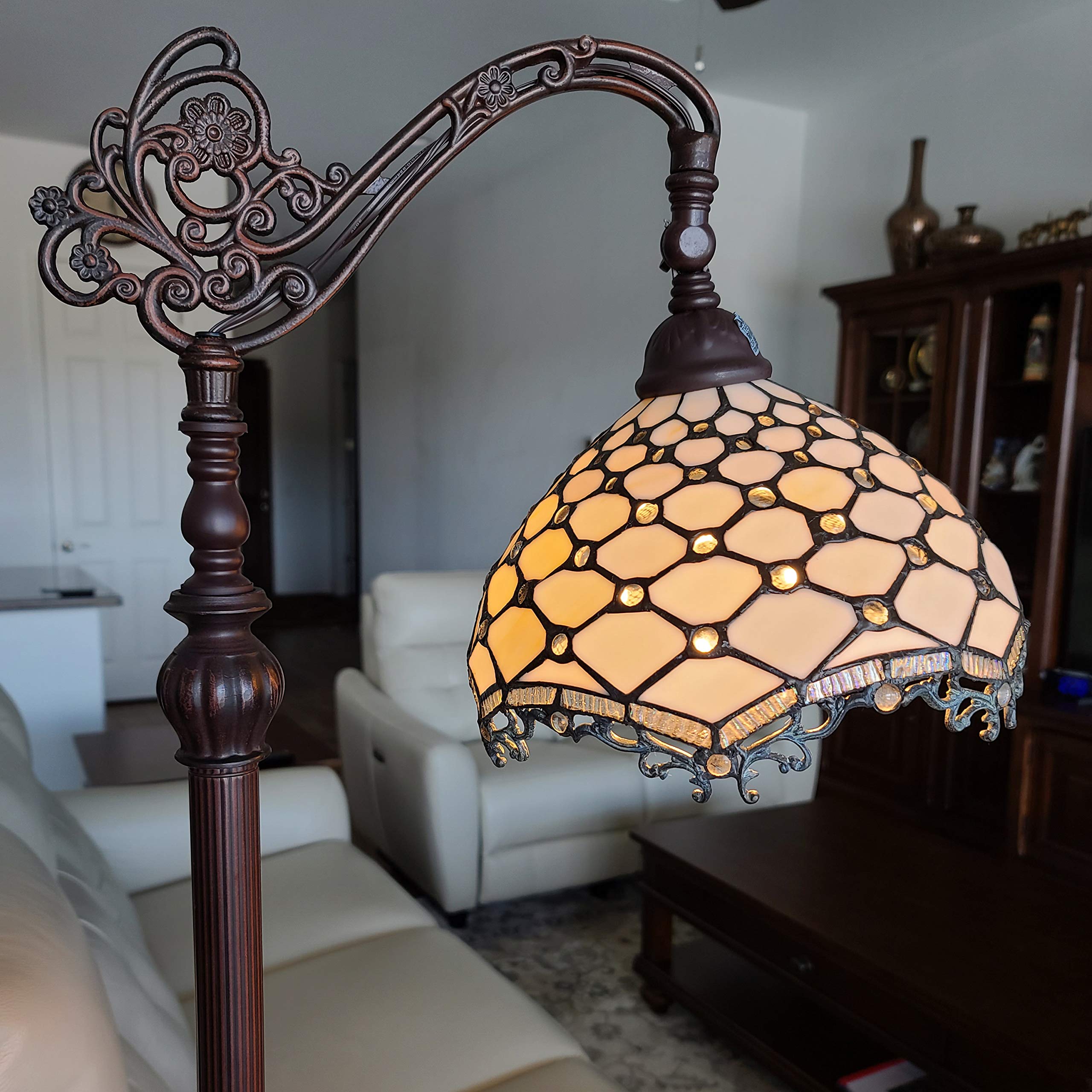 Amora Tiffany Style Floor Lamp, 62" Tall, Stained Glass, White & Tan, Antique Vintage Decor, Model AM122FL12B