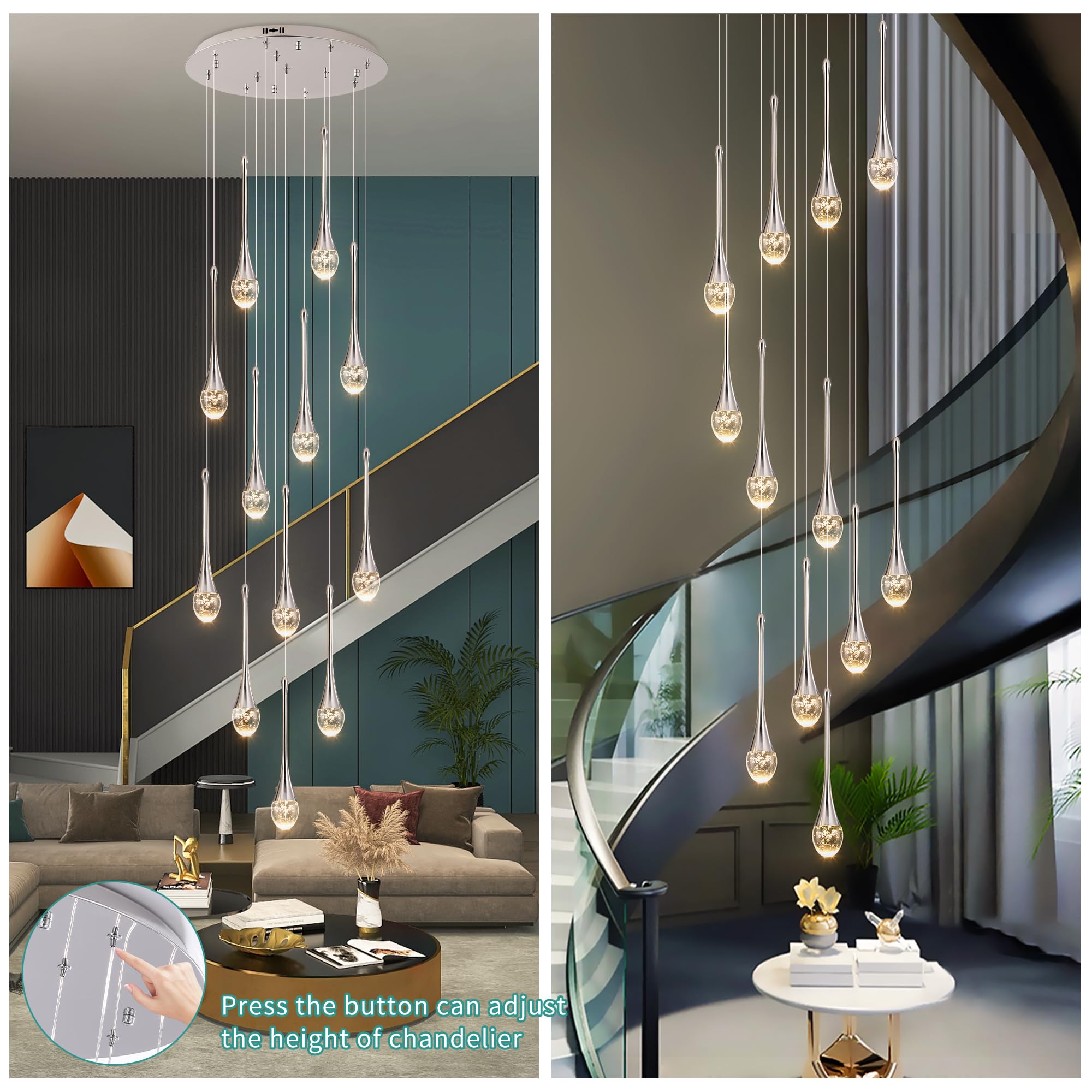 Upfelw Modern Crystal Staircase Chandelier, 12 Lights, Polished Chrome, Dimmable LED, H120in , Model UCC-S12-0436