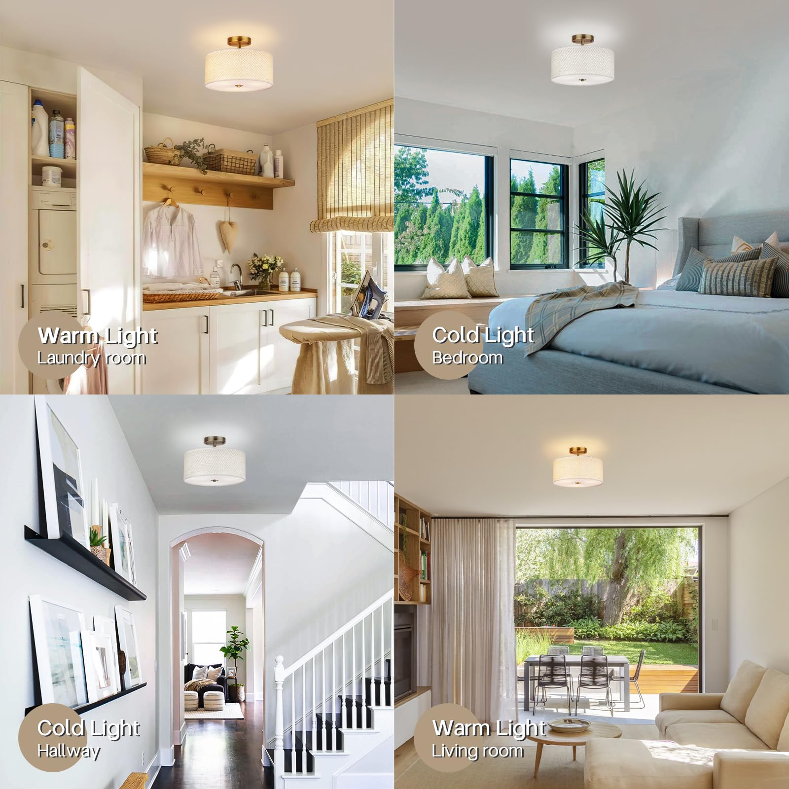 Clarsyne 13 Boho Rattan-Style Semi Flush Mount Ceiling Light Fixture  3-Light Modern Fabric Shade Drum Lamp  White Rustic Lighting For Bedroom  Kitchen  Dining Room  Living Room  Hallway  Entryway