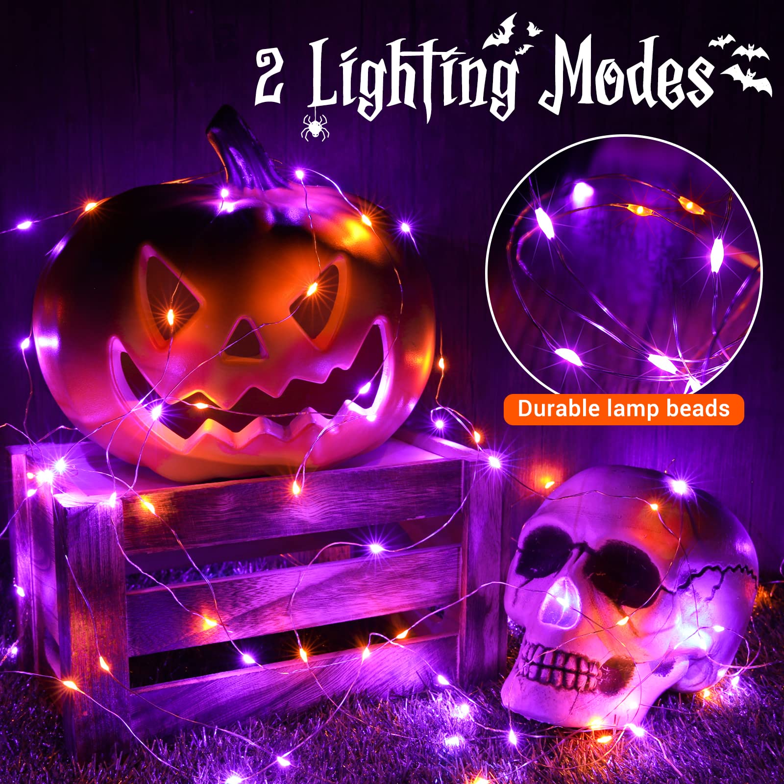 Joomer Halloween Lights, 50 LED Twinkle Fairy Lights, 16.4Ft, Battery Operated, Orange/Purple, 2 Modes