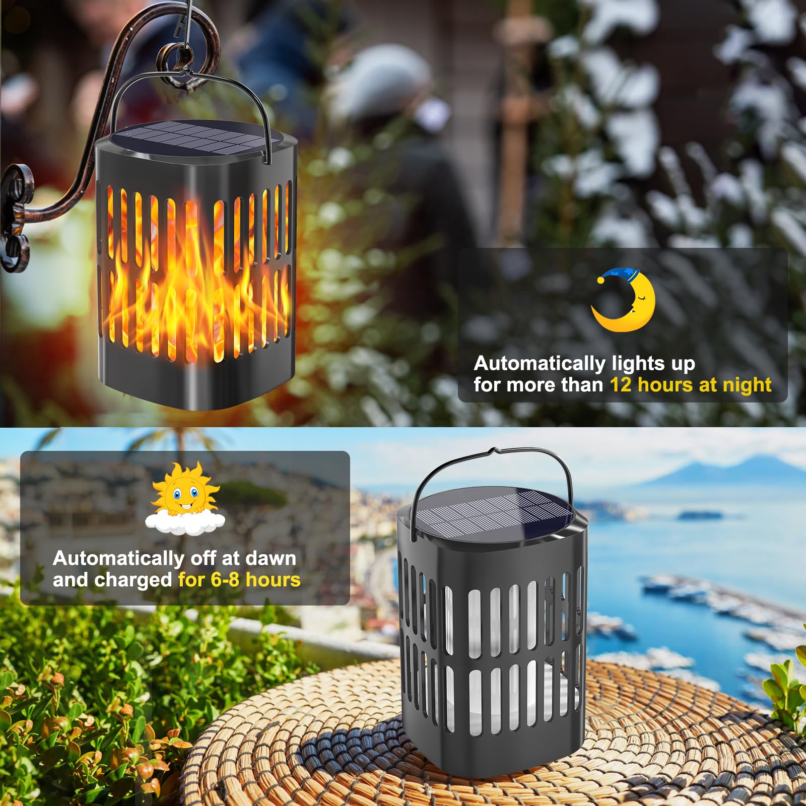 Bebrant Solar Hanging Lanterns - Flickering Flames, Waterproof Outdoor Lights, 4 Pack, Black