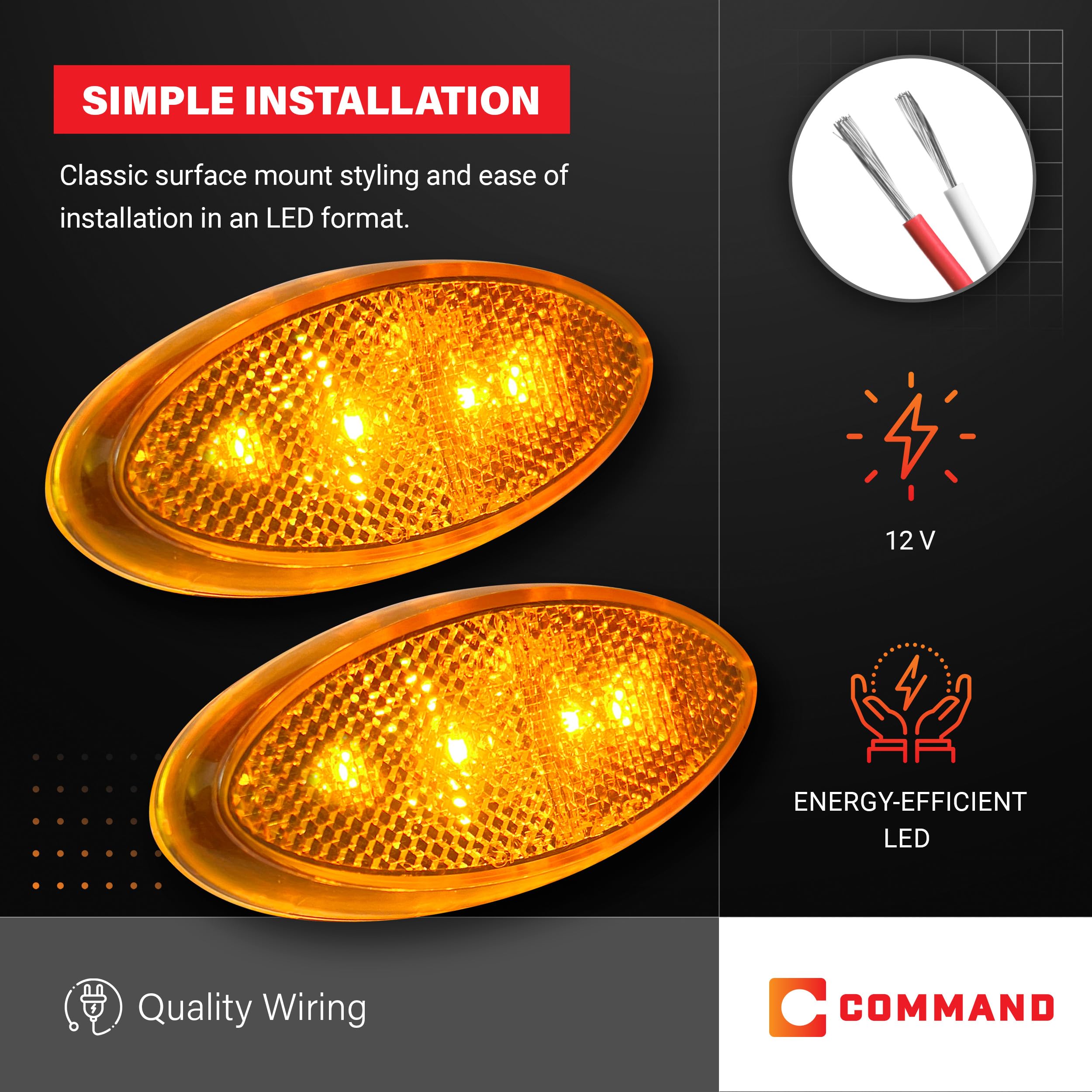 Command Electronics 12V LED RV & Trailer Clearance Light - Amber - Surface Mount - 2 Pack - Polycarbonate - Made in USA
