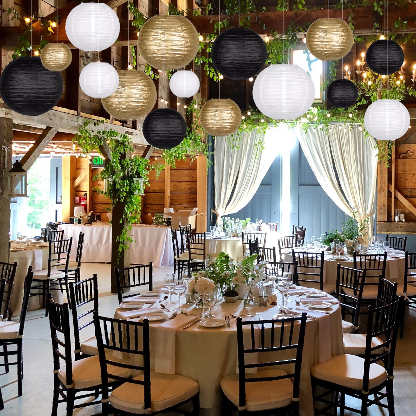 15Pcs Paper Lanterns Black Gold Round Hanging Chinese Paper Lanterns 4'' 6'' 8'' 10'' 12'' For Bachelorette Engagement Wedding B